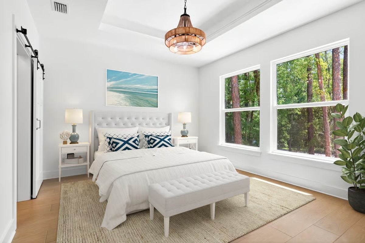 Barn Door, Tufted Headboard, Woven Chandelier — Wait, No Em-Dashes Allowed. Beach Art Ties It Together. Let me redo that.