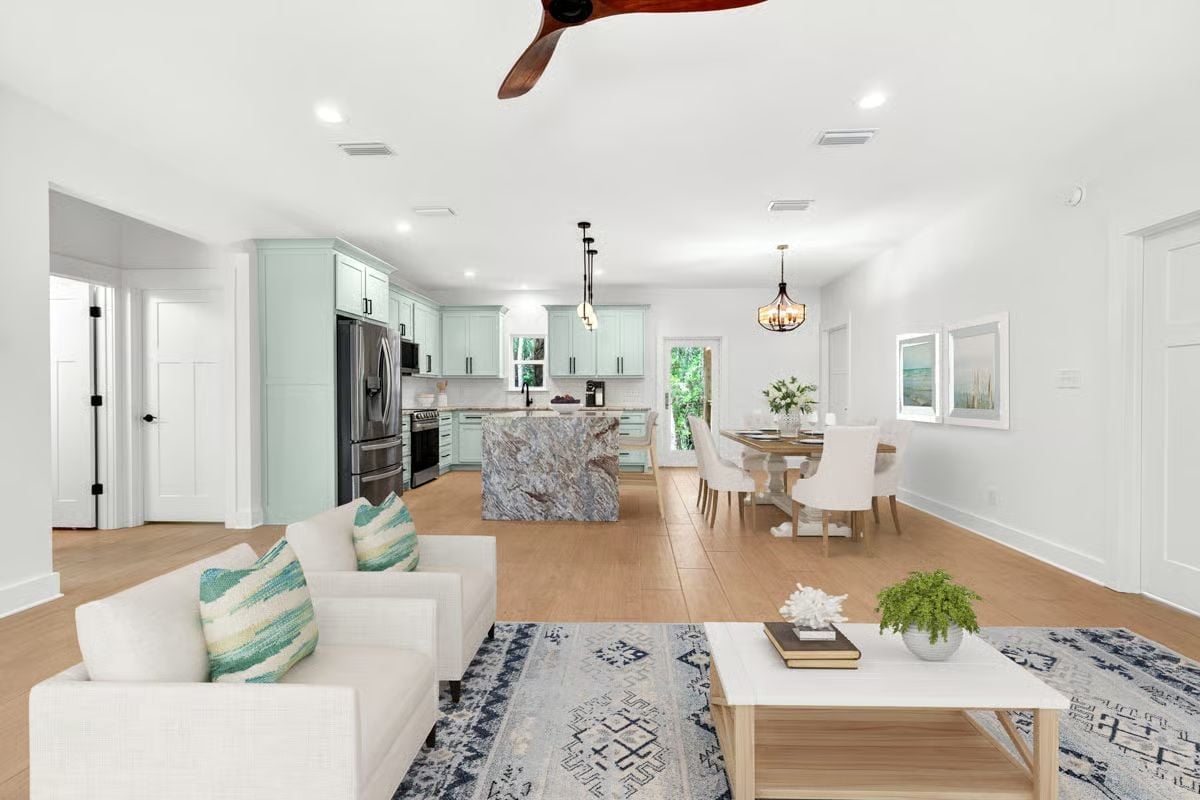 Mint Cabinets and Marble Stone Make the Kitchen Worth Lingering In