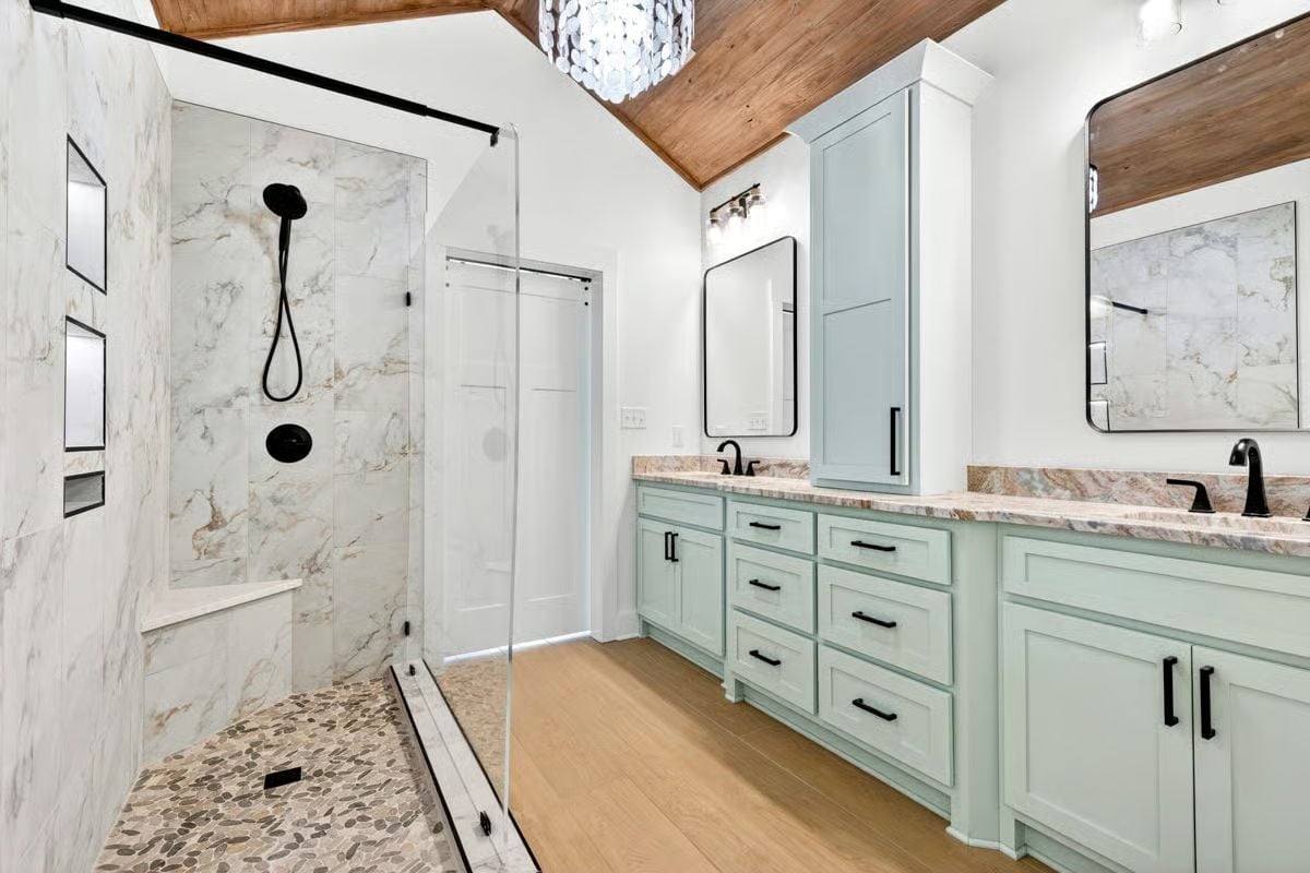 Pebble Floors, Mint Cabinets, and Marble That Pulls the Whole Room Together