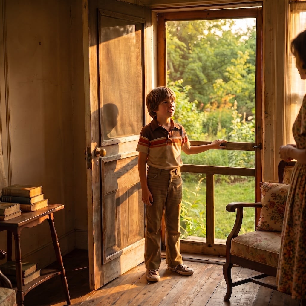 Child pausing at the screen door after finishing household chores