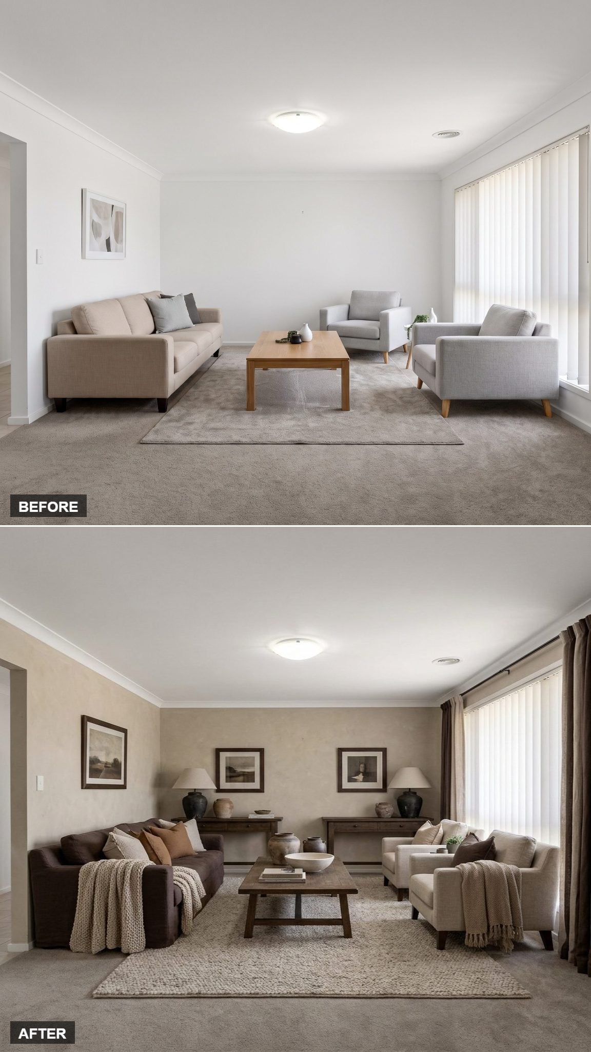 Beige Walls, Dark Leather, and Layered Neutrals Made This Room Feel Lived In
