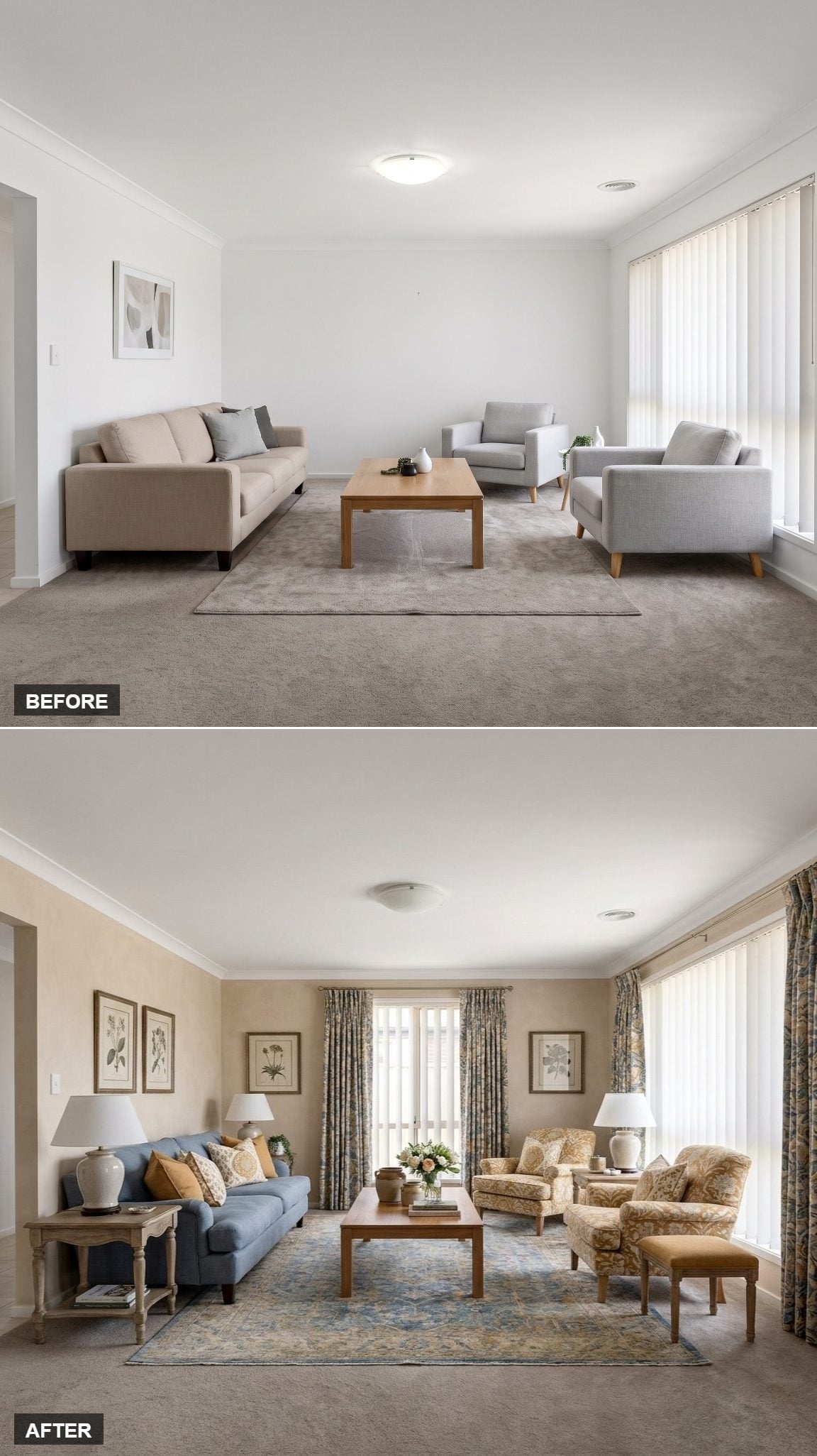 Blue Denim Sofa, Paisley Armchairs, and Drapes That Finally Gave the Room a Pulse