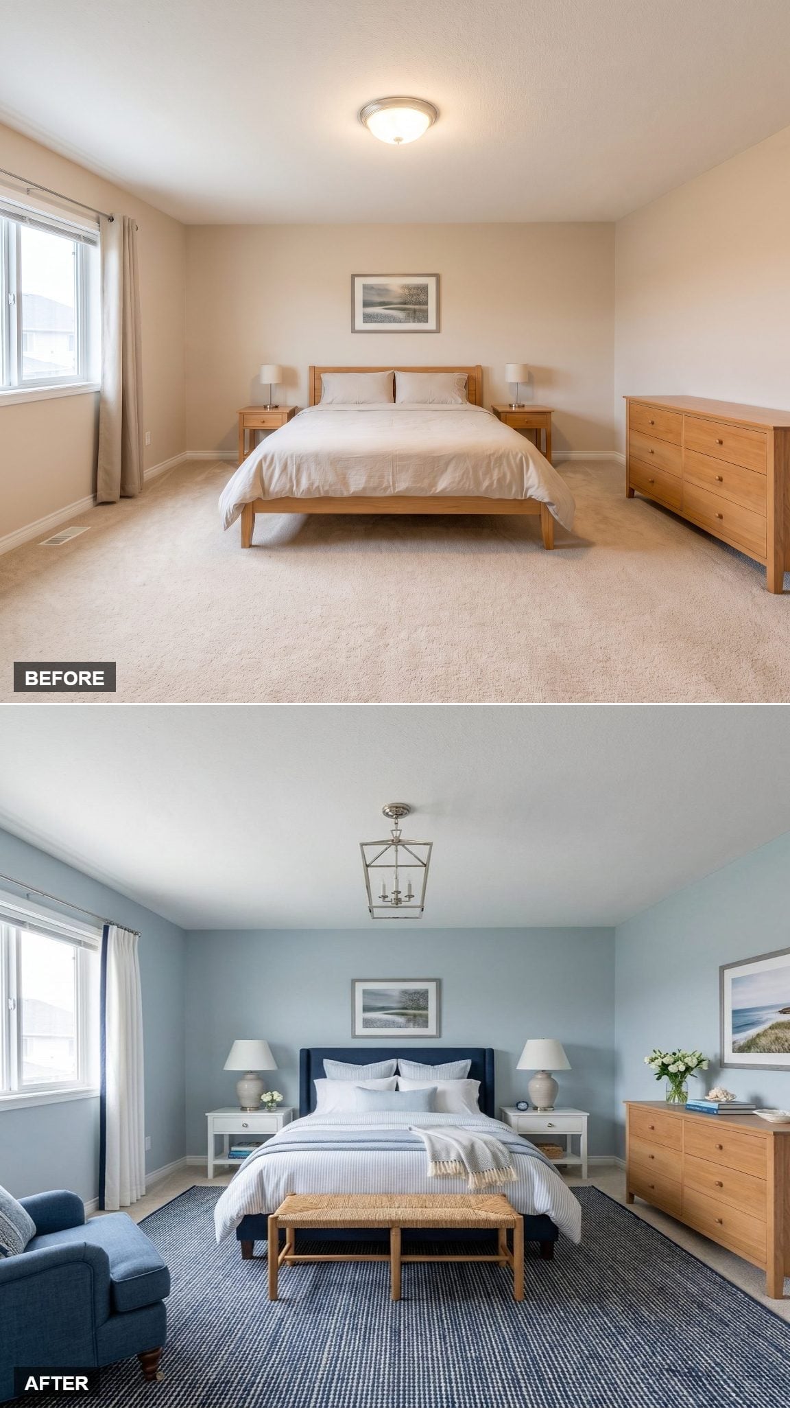 Blue Walls, a Lantern Pendant, and Bedding That Finally Had a Mood