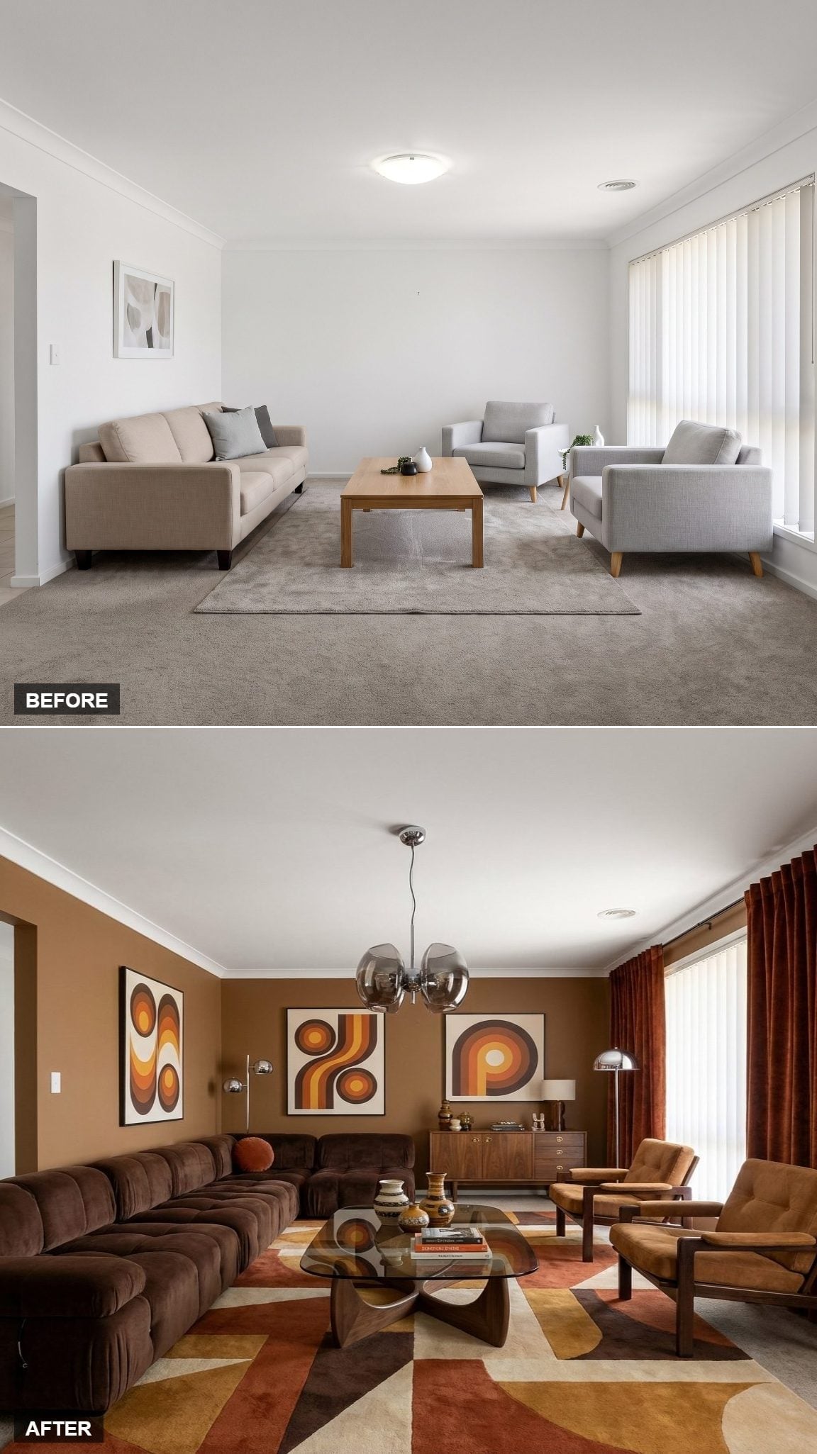 Brown Velvet, Retro Art Panels, and a Sputnik Chandelier That Meant the '70s Were Back