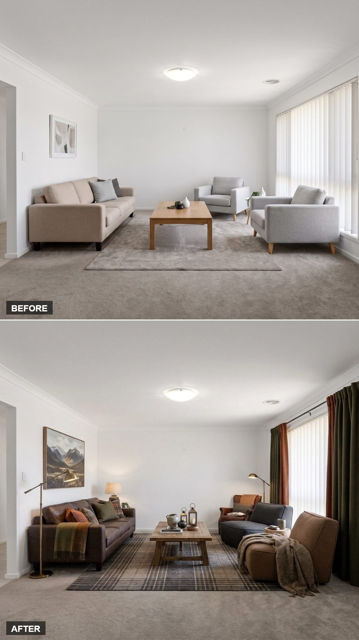 Dark Leather, Plaid Wool, and Forest-Green Drapes Made One Neutral Room Feel Like a Lodge