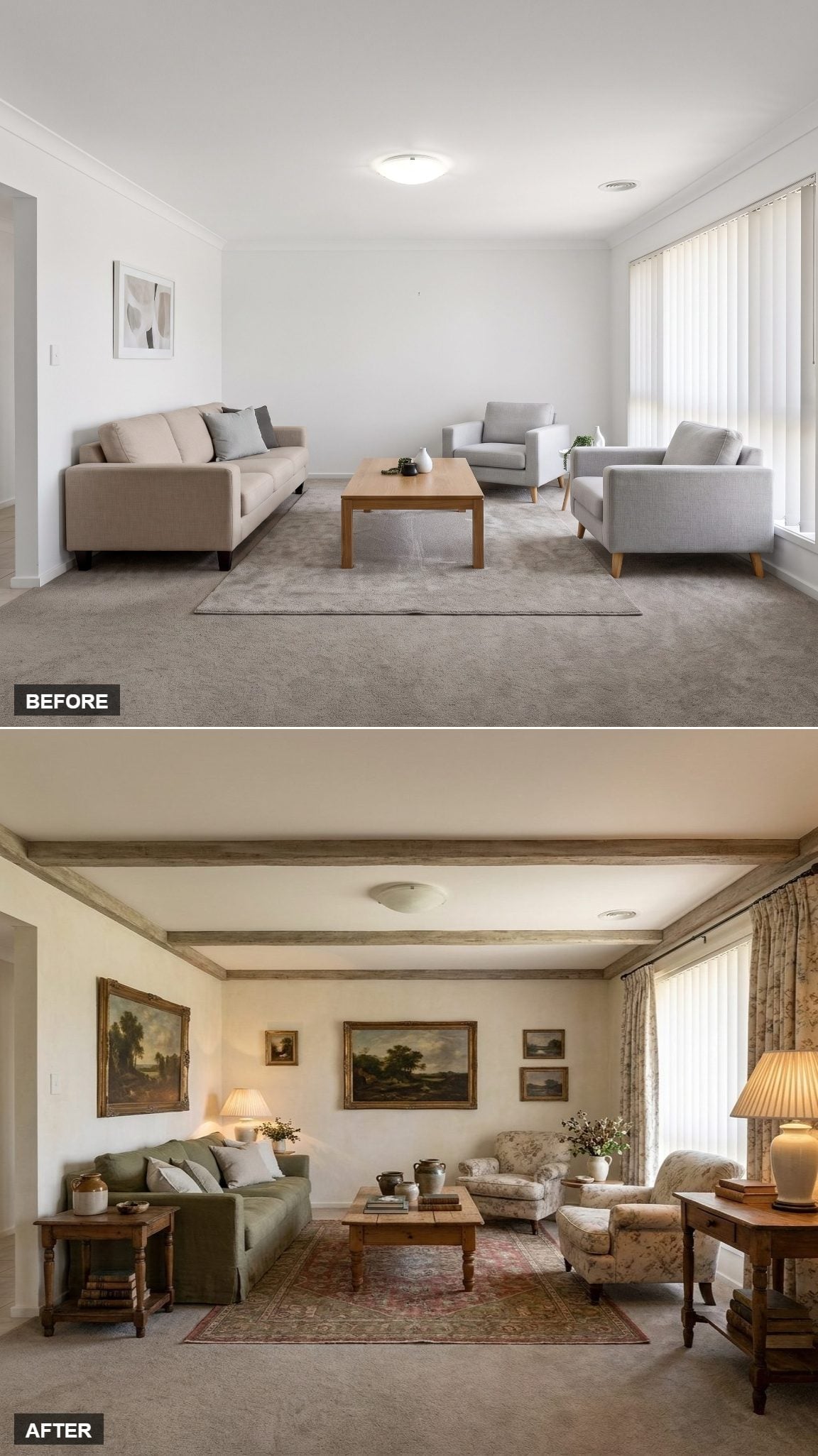 Exposed Ceiling Beams, Floral Armchairs, and Oil Paintings That Rewrote the Room's Entire Era