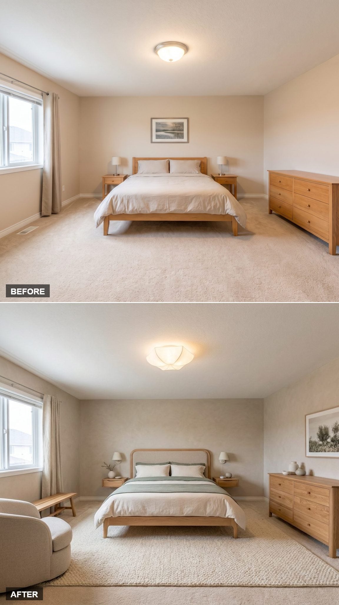 Floating Nightstands, a Rattan Bed Frame, and Bedding That Knew When to Stop