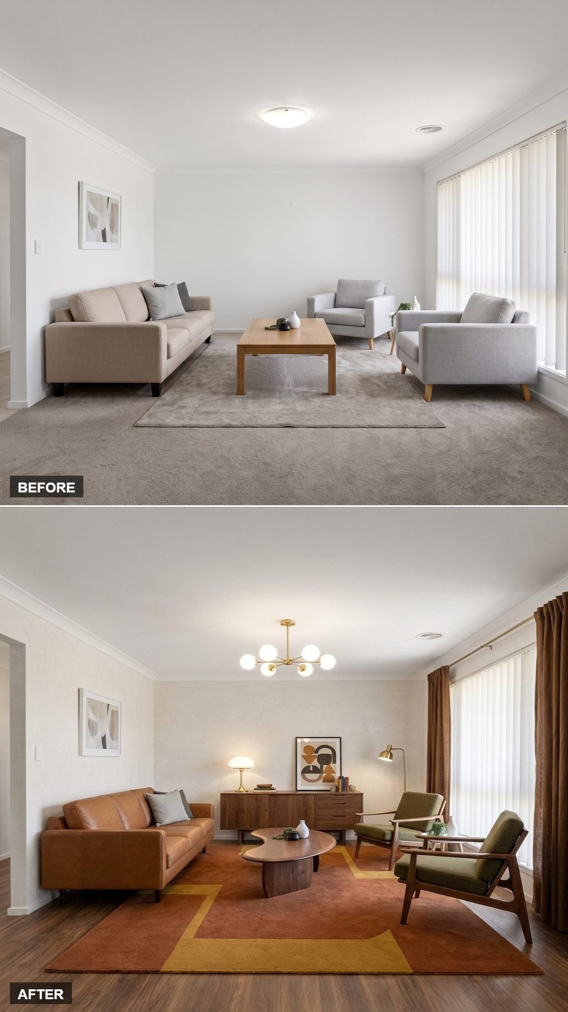 Mid-Century Fever: Leather, Walnut, and a Rust Rug That Anchors Everything