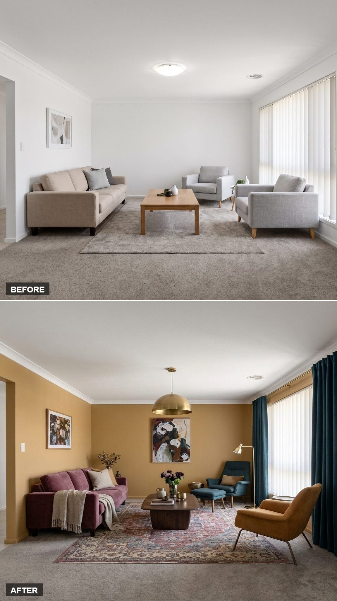 Mustard Walls, a Brass Dome Pendant, and Curtains That Changed Everything