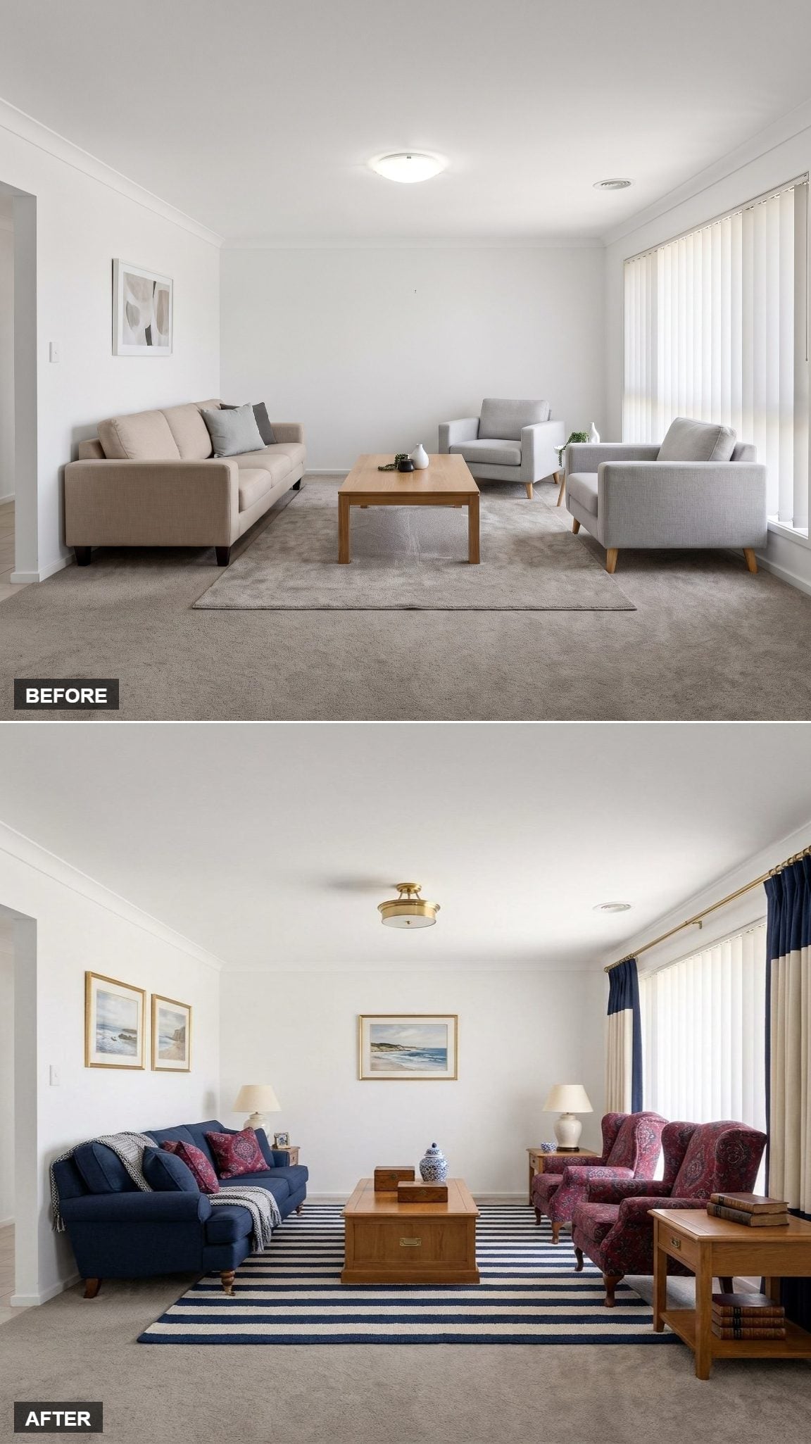 Navy Sofa, Paisley Wingbacks, and a Striped Rug That Finally Committed to a Point of View