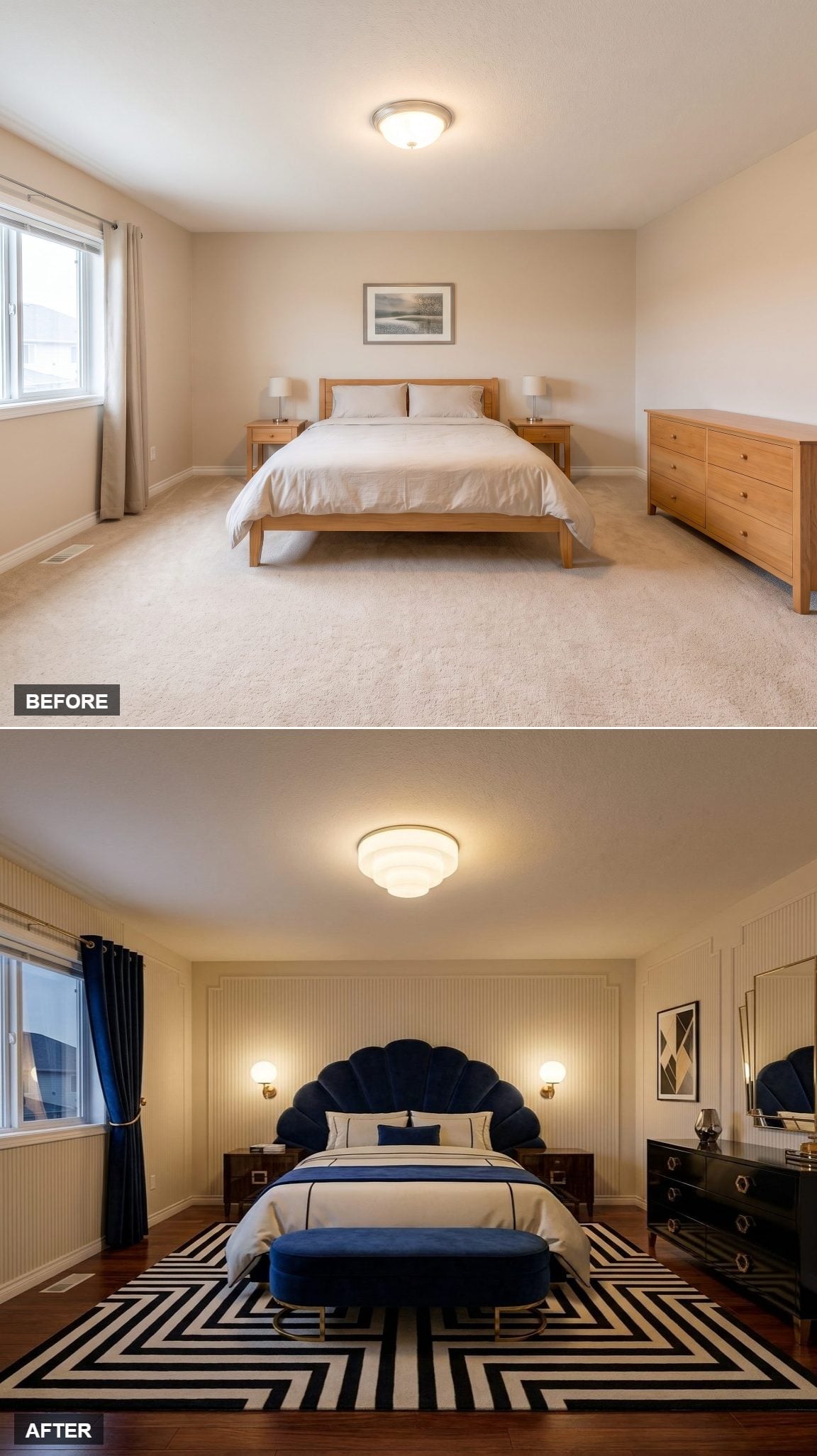 Navy Velvet, a Scalloped Headboard, and an Art Deco Moment Nobody Saw Coming