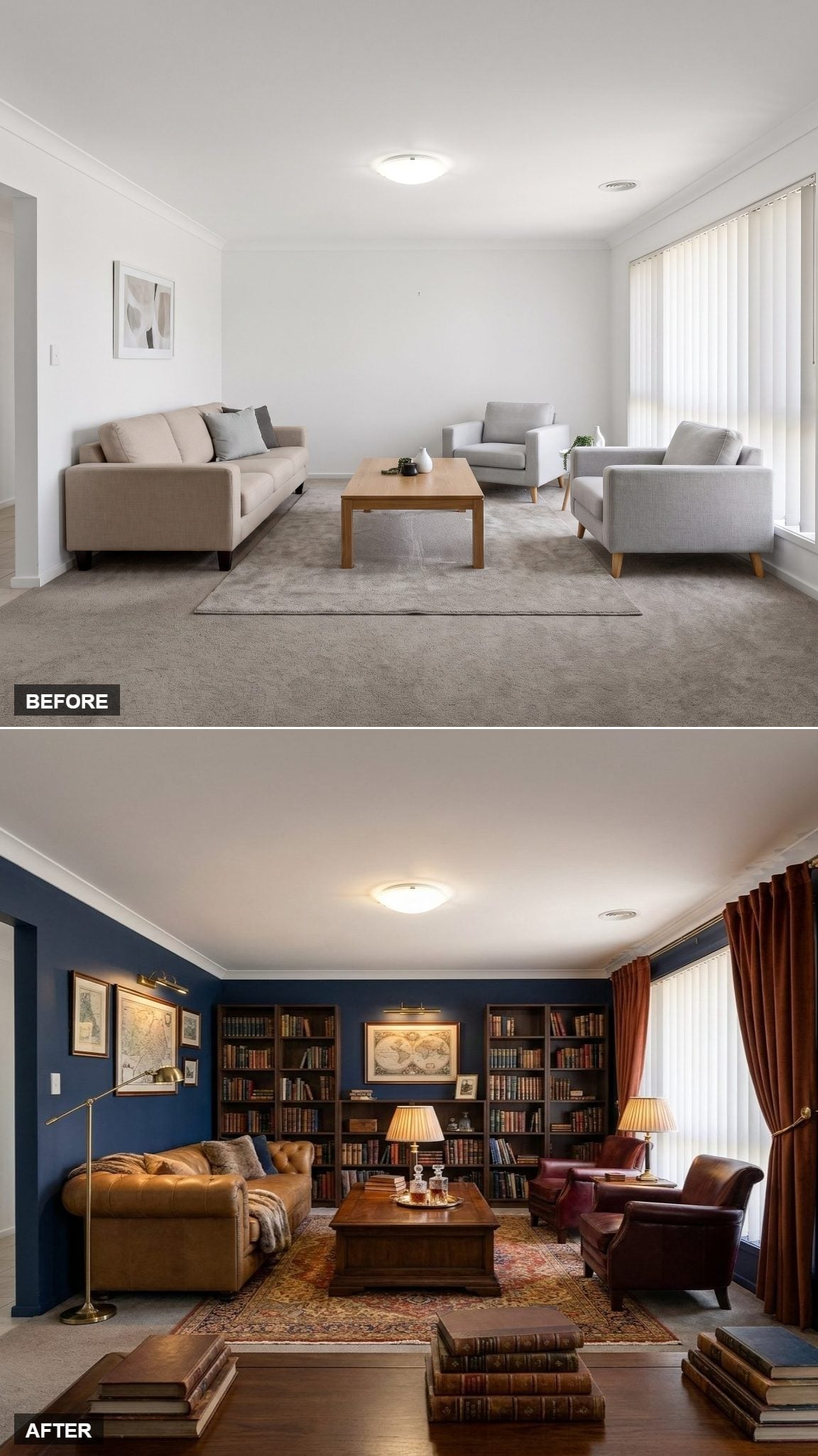 Navy Walls, Floor-to-Ceiling Bookshelves, and a Chesterfield That Changed the Room's Entire Personality