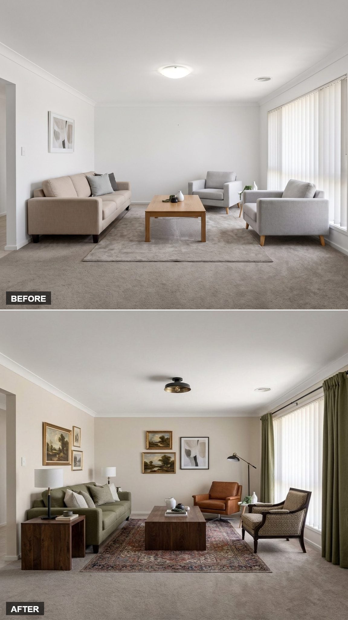 Olive Green Sofas, Landscape Oil Paintings, and Drapes That Pulled the Room Together