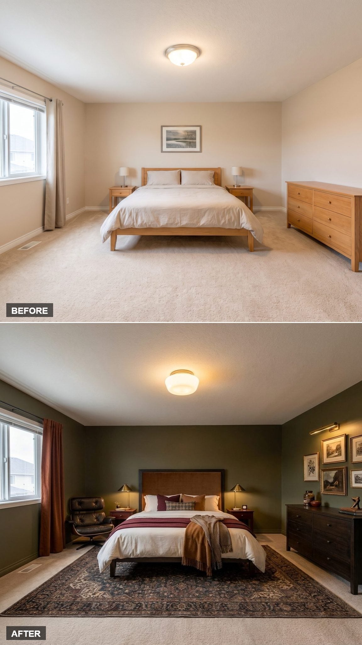Olive Walls, a Leather Chair Nobody Expected, and Bedding That Finally Had Layers