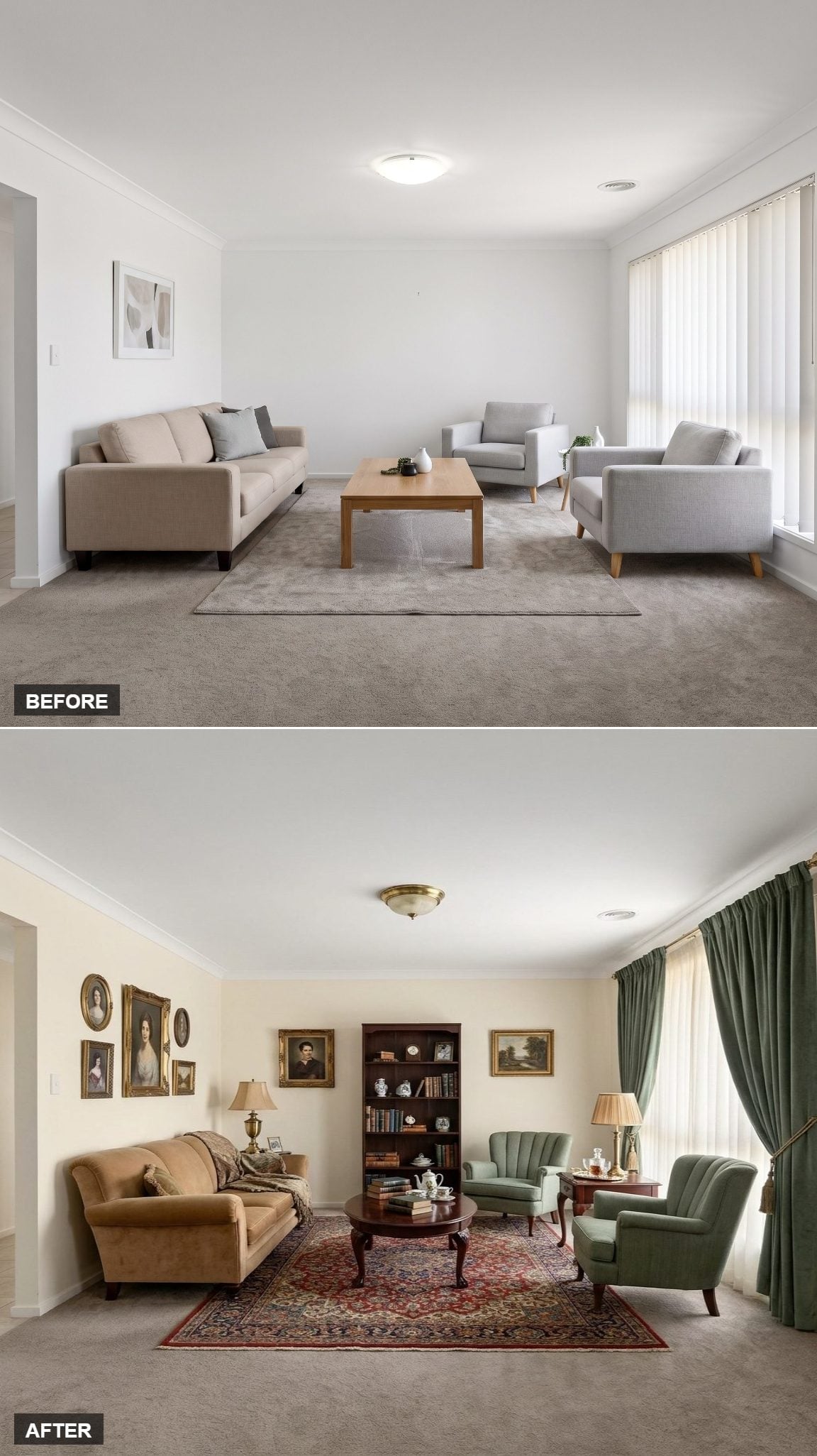 Portrait Gallery Wall, Dark Wood Bookcase, and a Persian Rug That Owned the Floor