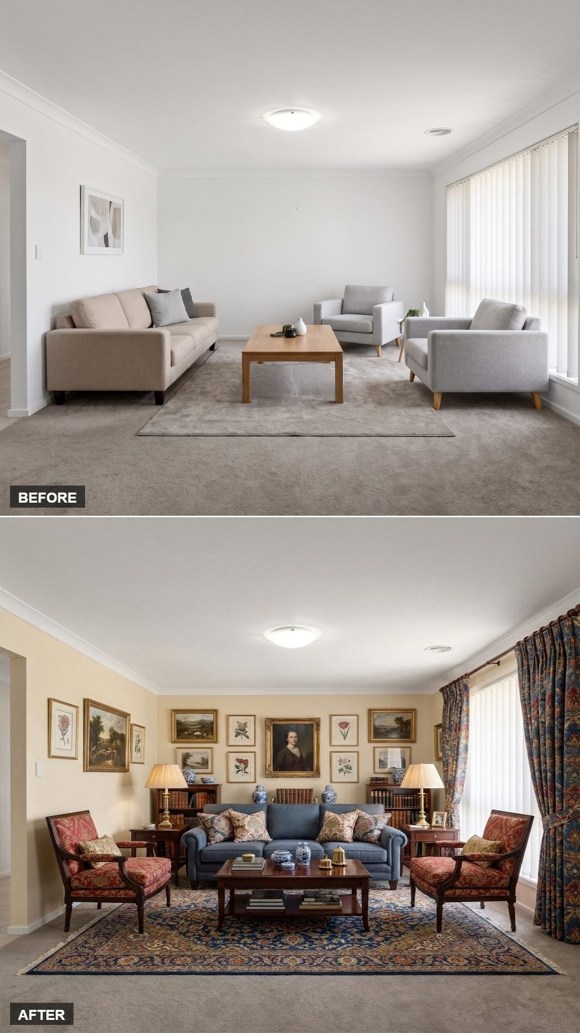 Portrait-Packed Walls, Red Damask Chairs, and a Blue Sofa That Held It All Together