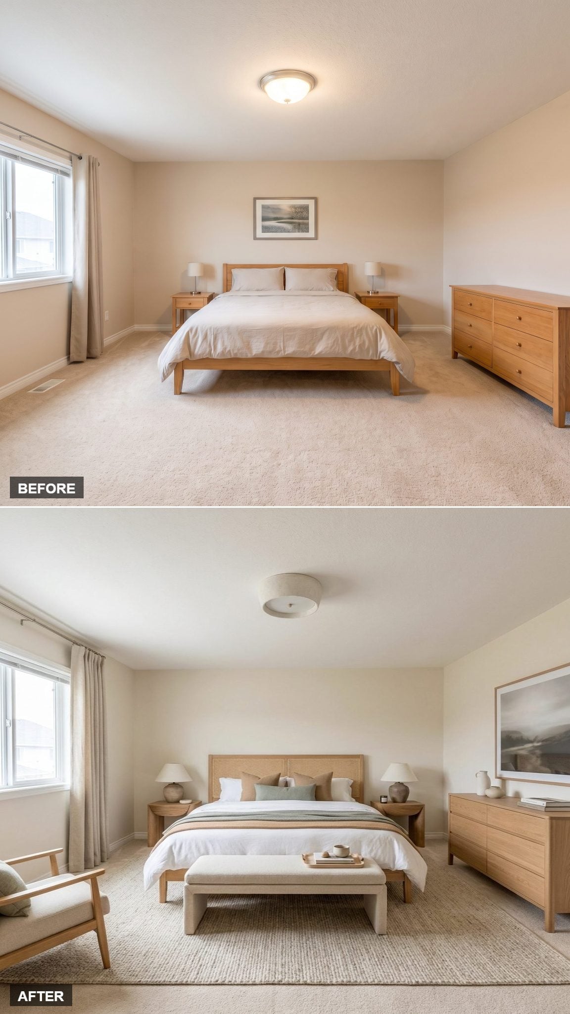 Rattan Headboard, a Bench at the Foot, and Bedding That Finally Had Something to Say