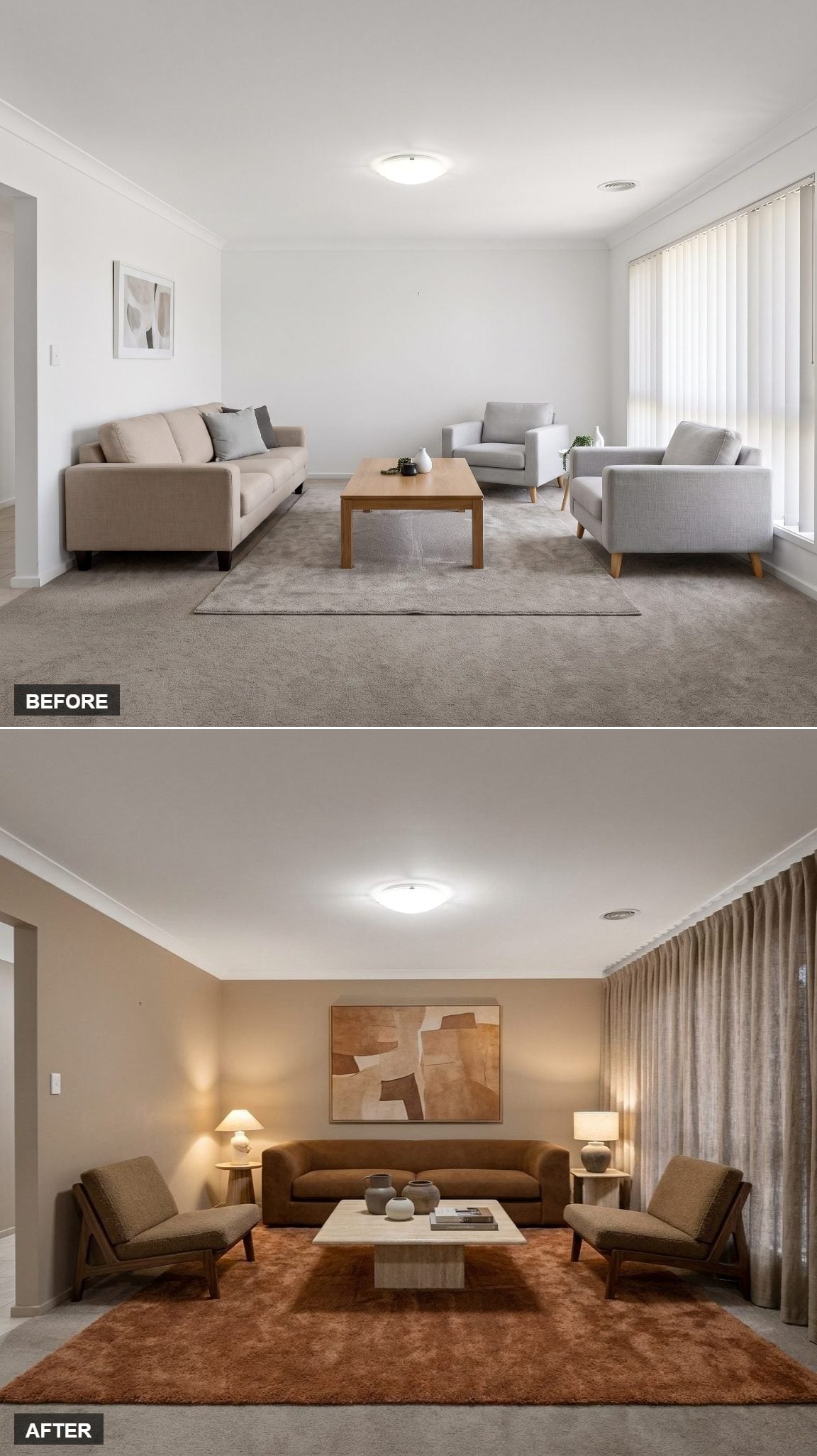 Rust Rug, Travertine Coffee Table, and Warm Walls That Settled Into Themselves