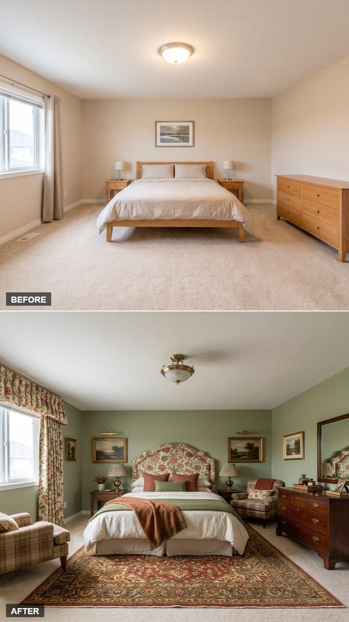 Sage Green Walls and a Floral Headboard That Committed Completely