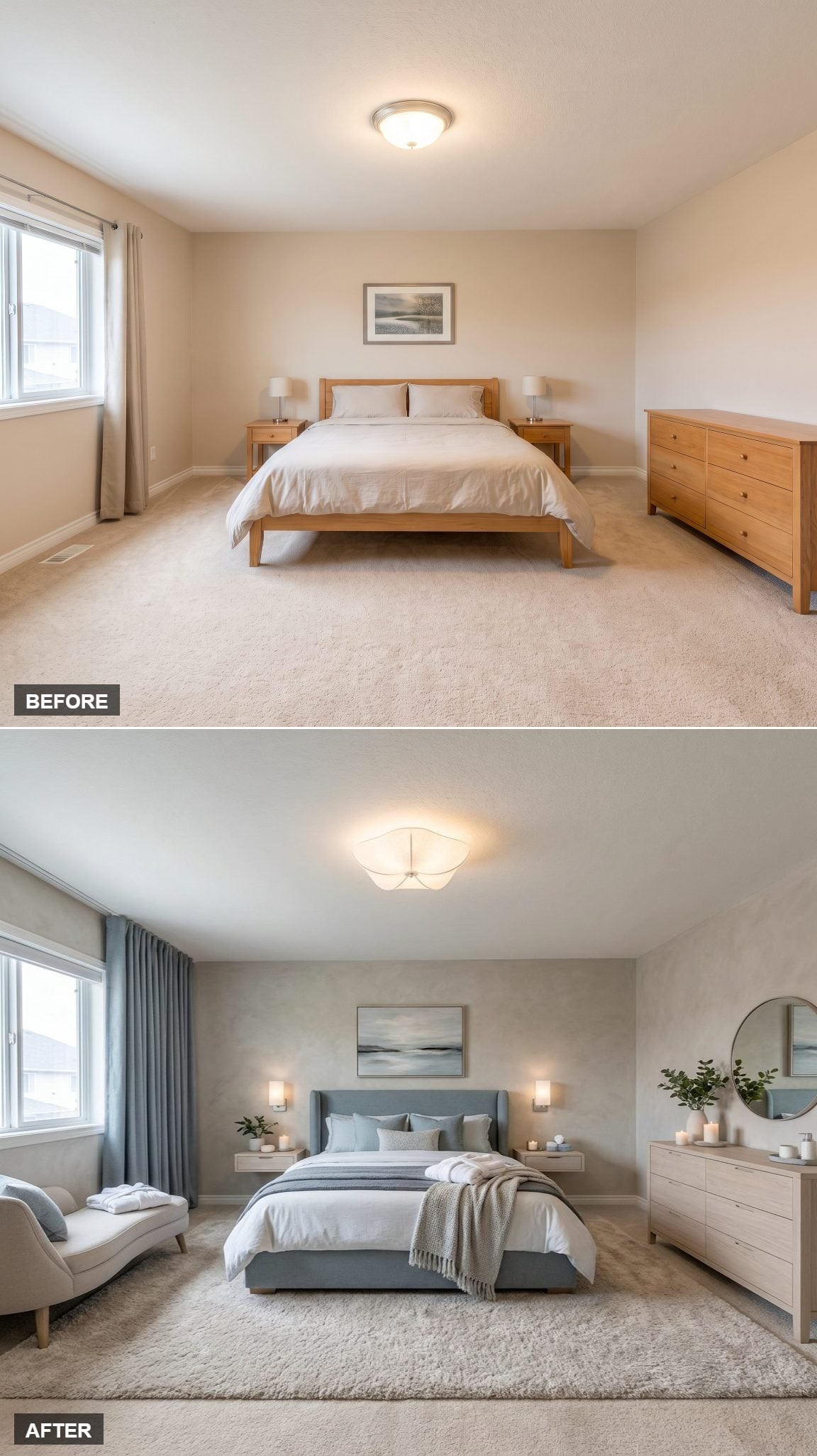 Slate Blue and Floating Nightstands Turned a Plain Room Into Something Worth Staying In