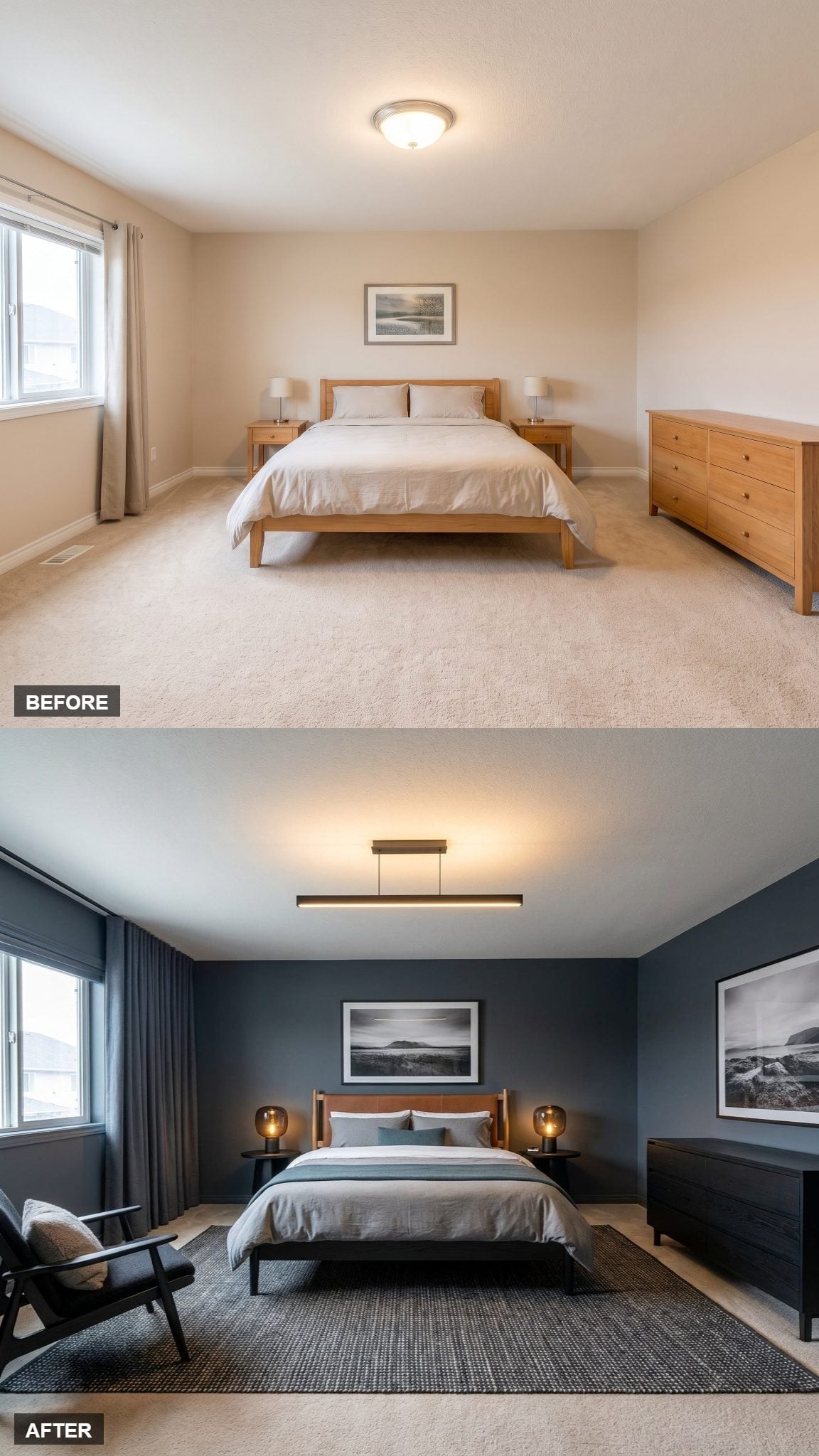 Slate Walls, a Linear Pendant, and Bedding That Finally Meant Business