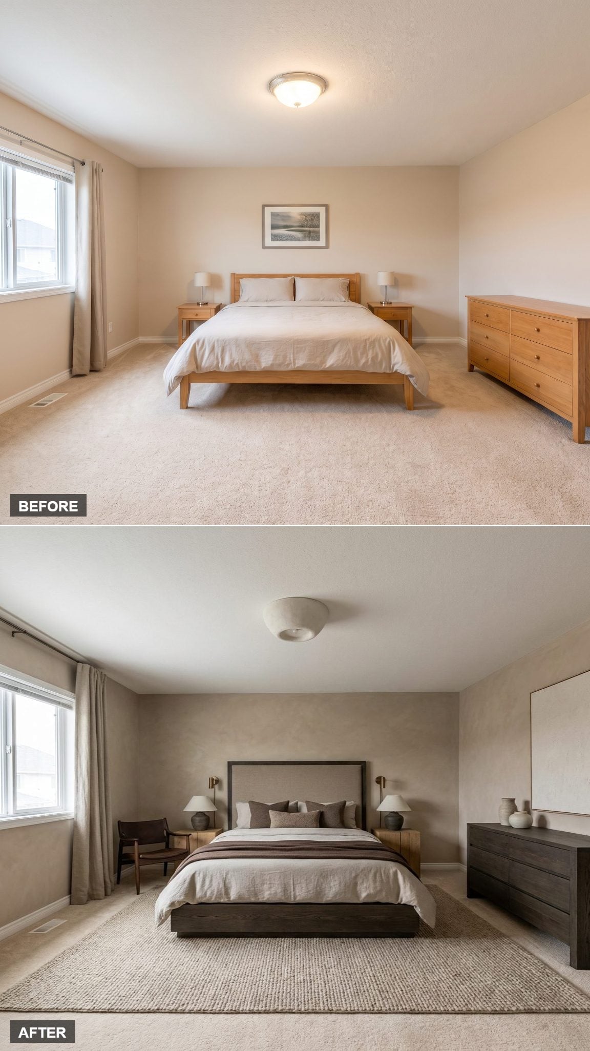 Tall Upholstered Headboard, Dark Wood Dresser, and Bedding That Finally Got Serious