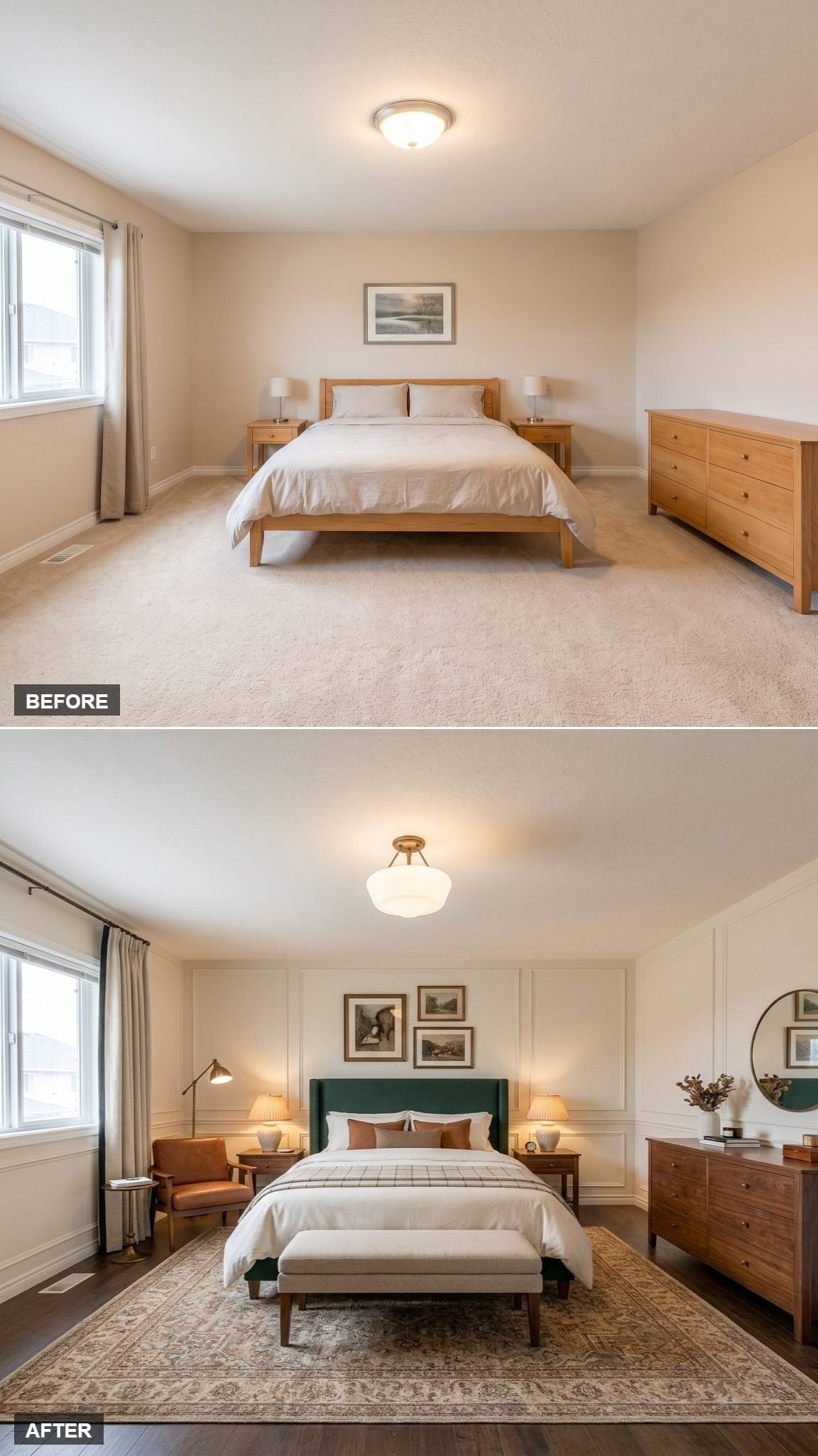 Wainscoting and a Forest Green Headboard Made This Room Feel Borrowed From a Boutique Hotel