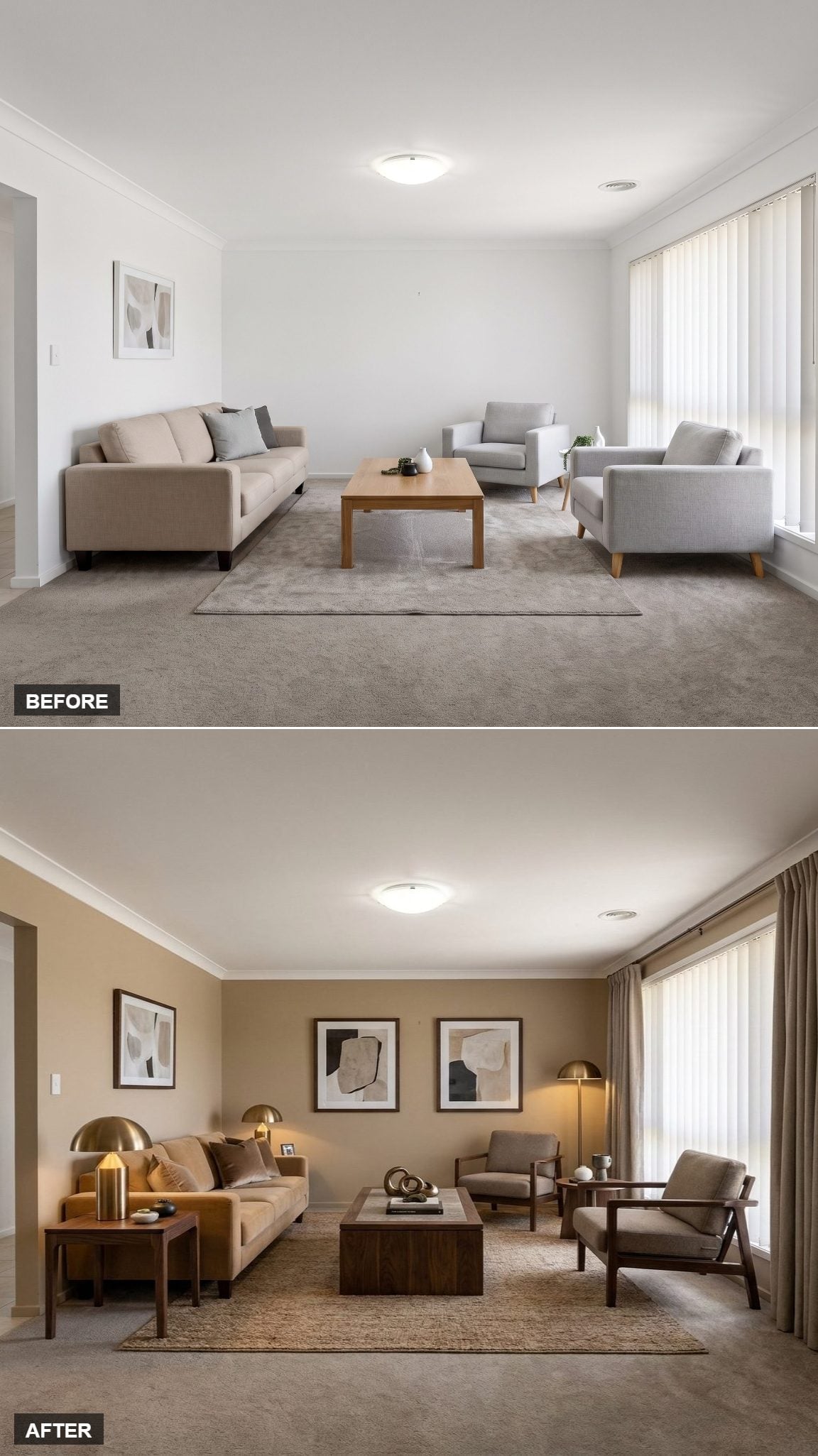 Walnut, Brass, and Warm Sand Walls Gave One Neutral Room a Real Personality