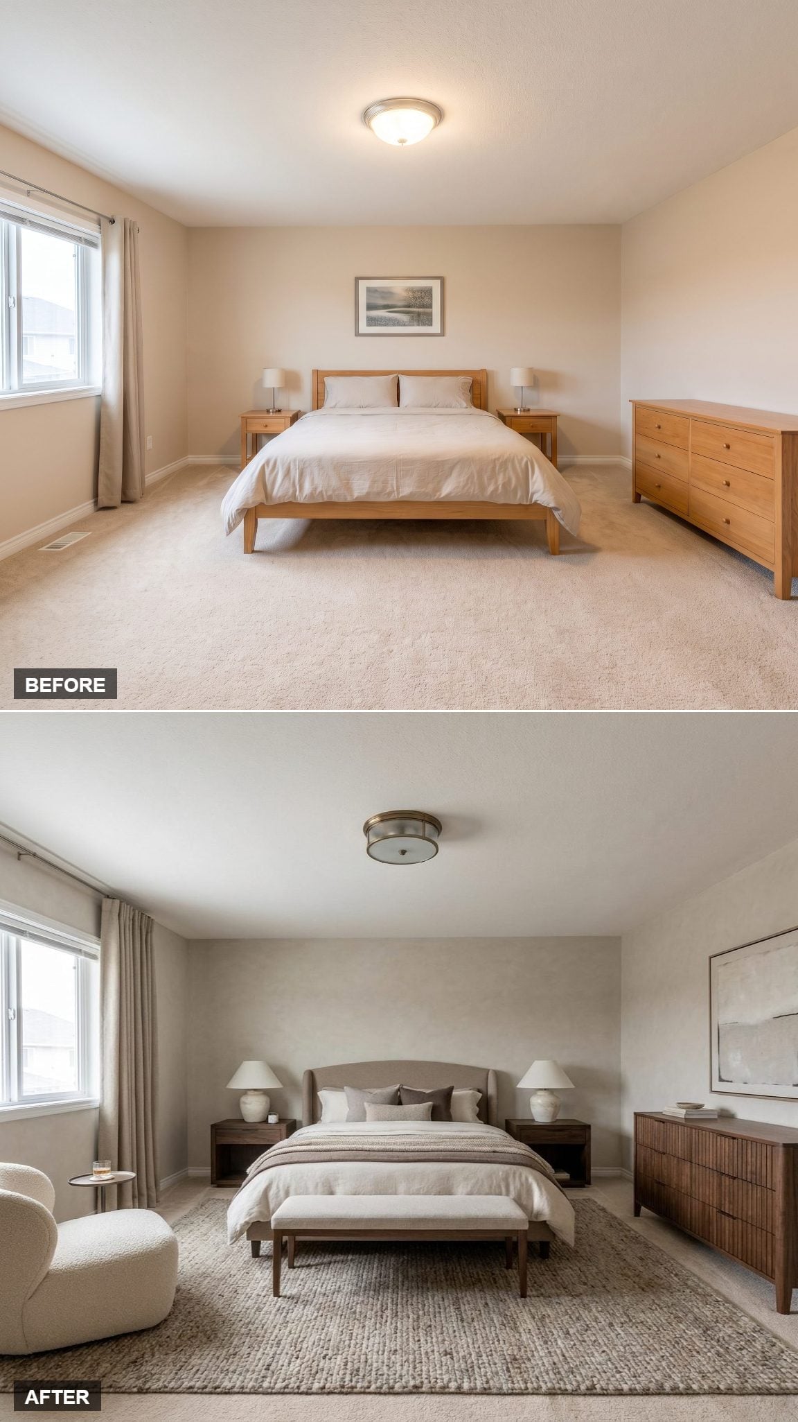 Walnut Nightstands, Boucle Armchair, and Bedding Layered Like a Real Hotel Room