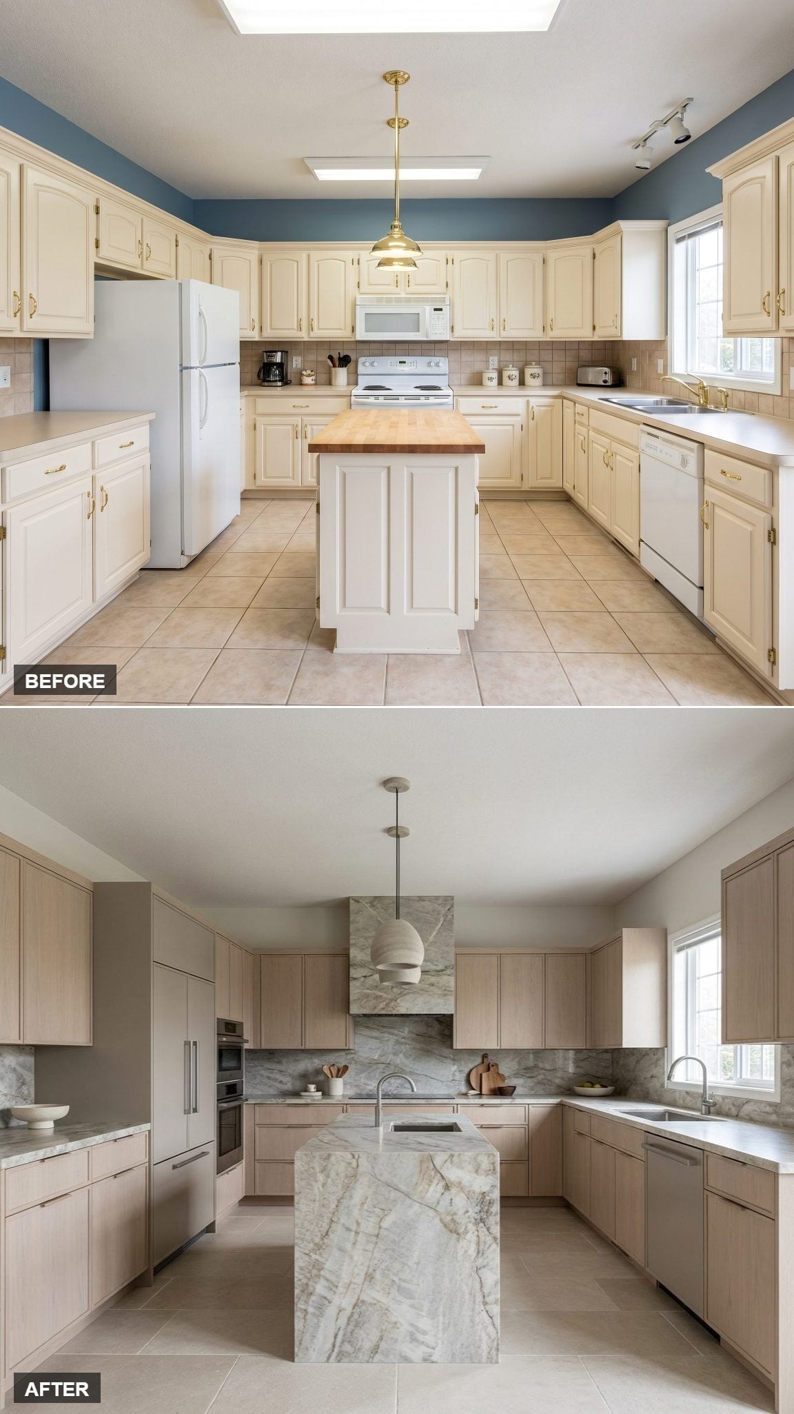 Bleached Oak Cabinets, Waterfall Marble Island, and a Hood That Earns Every Inch