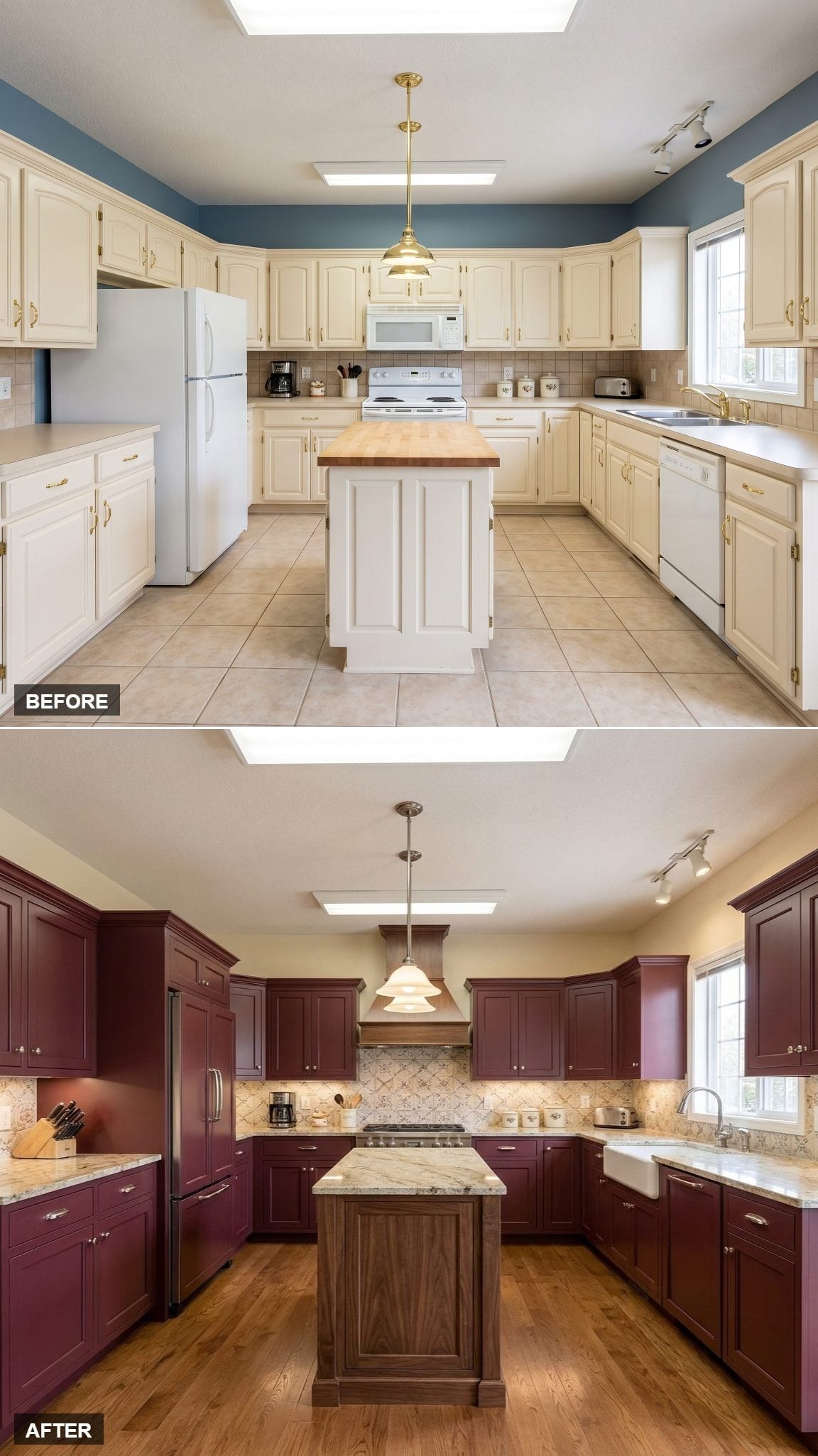 Burgundy Cabinets, Walnut Island, and a Backsplash That Finally Has a Moment