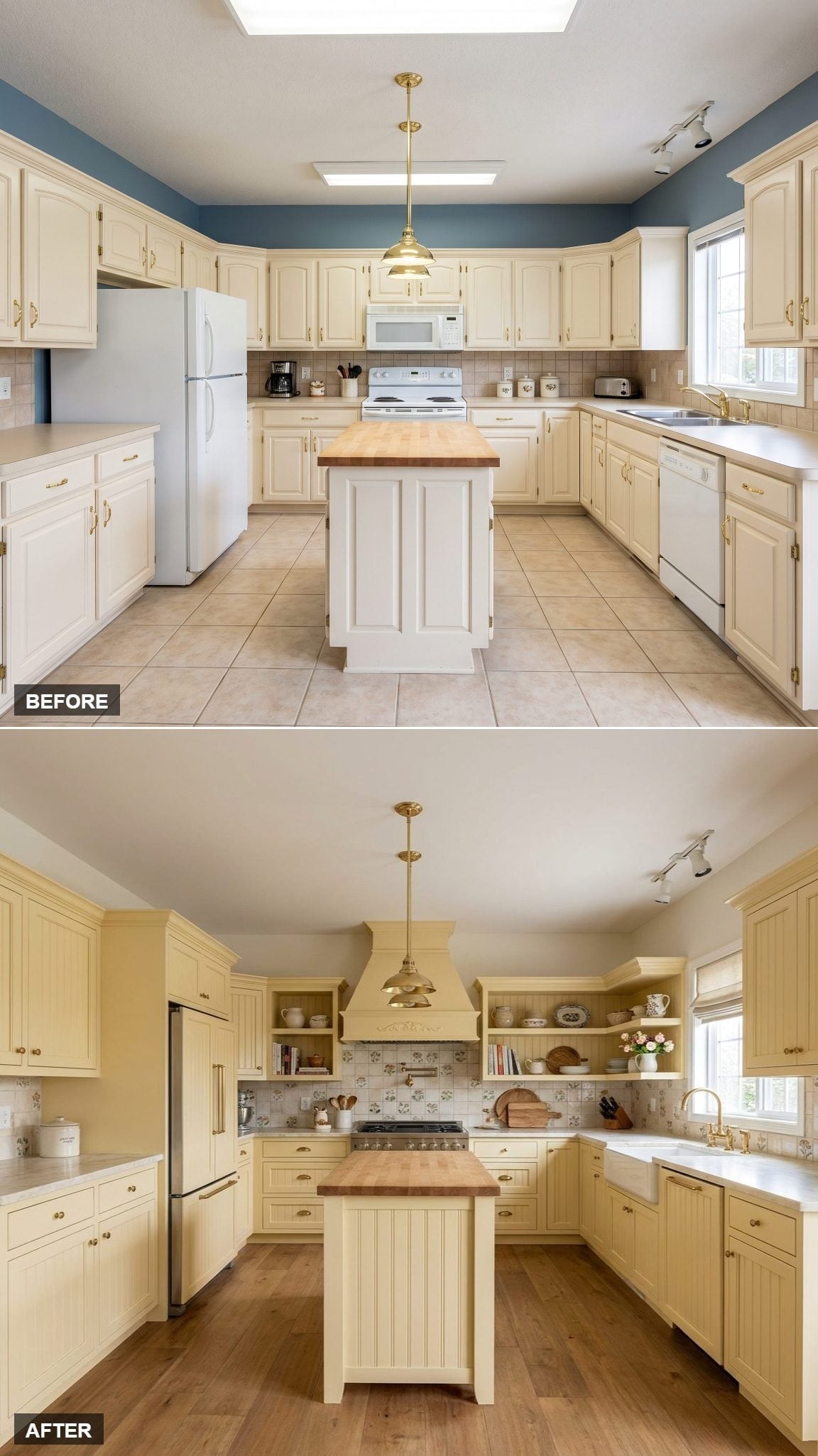 Butter Yellow Cabinets, Beadboard Island, and a Range Hood Worth Centering the Room Around