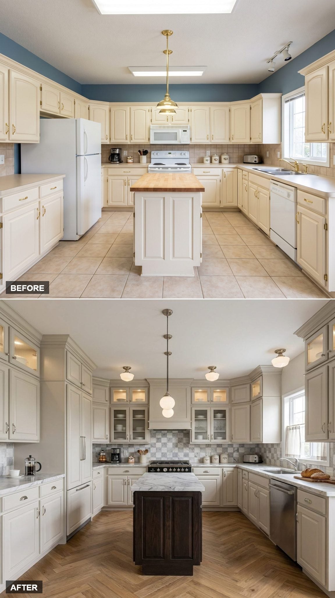 Creamy Uppers, a Dark Island, and Herringbone Floors That Anchor Everything