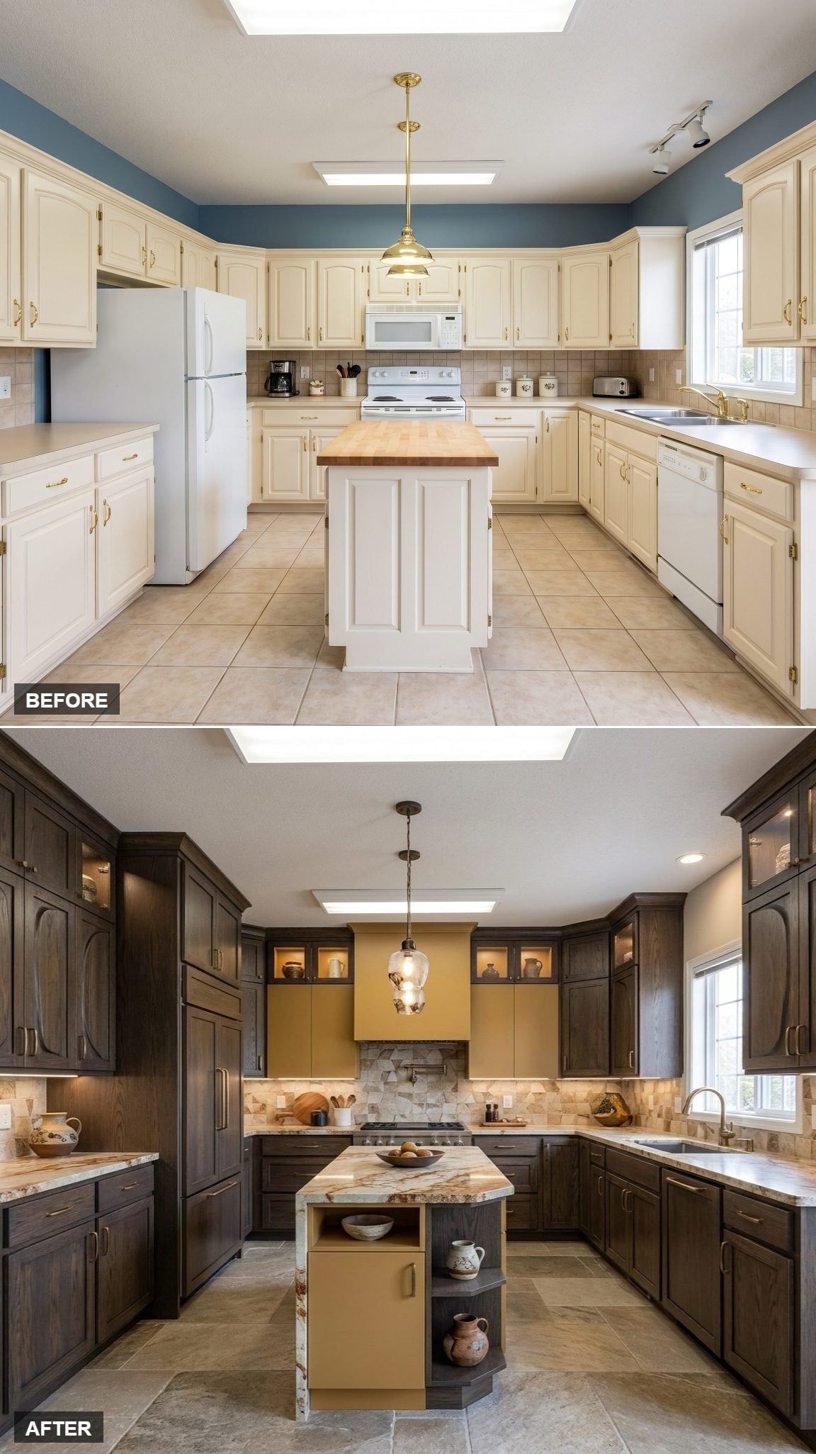 Dark-Stained Cabinets, a Gold Range Hood, and Stone Tile That Finally Grounds the Room