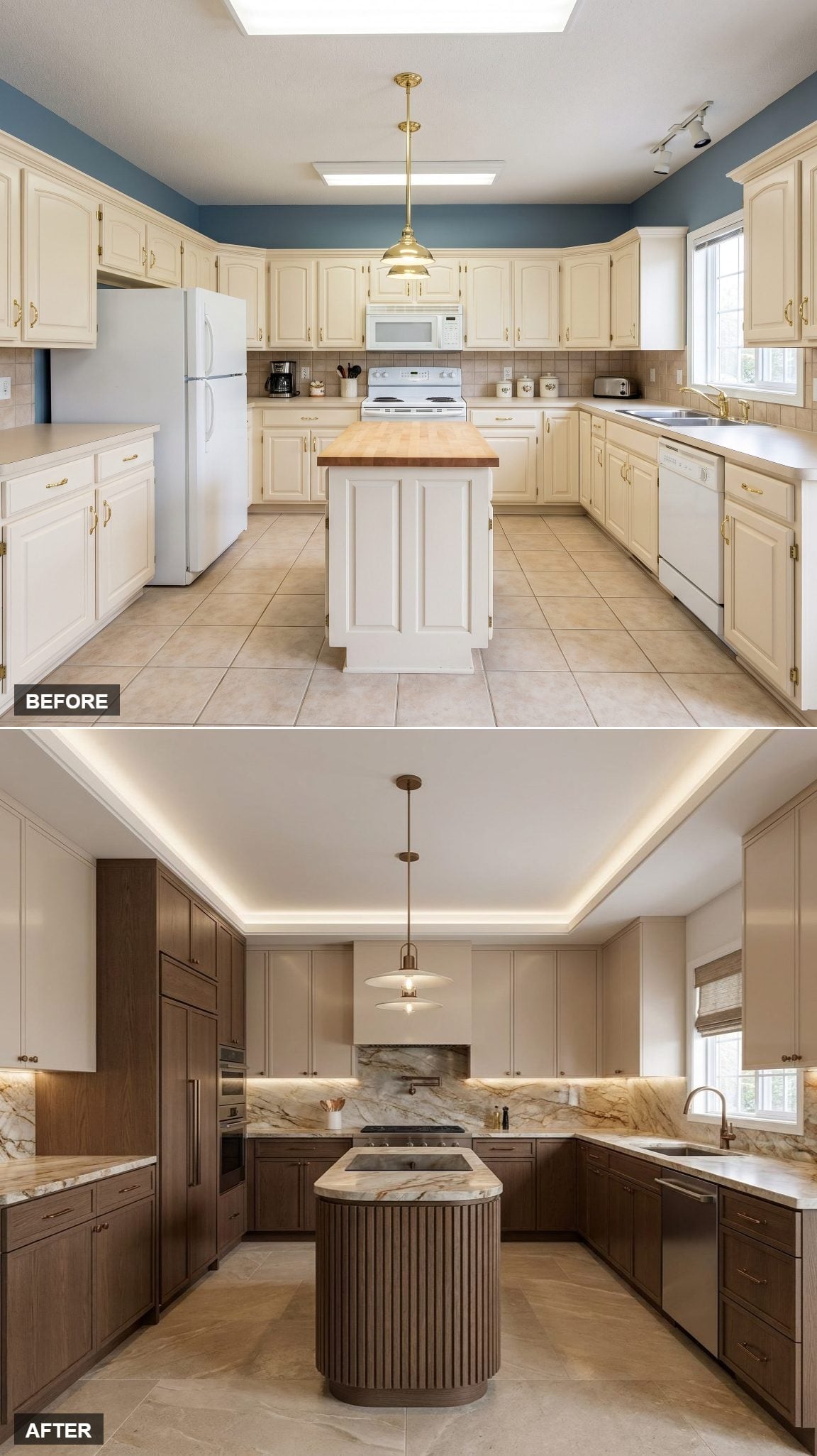 Dark Walnut Cabinets, Marble That Means Business, and Cove Lighting Done Right