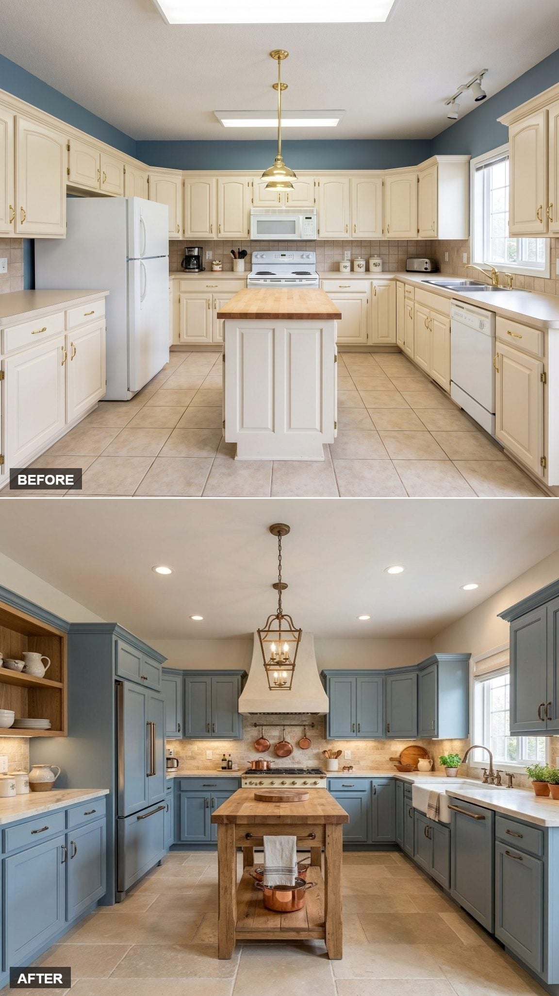 Dusty Blue Cabinets, a Butcher Block Island, and Copper That Earns Every Inch