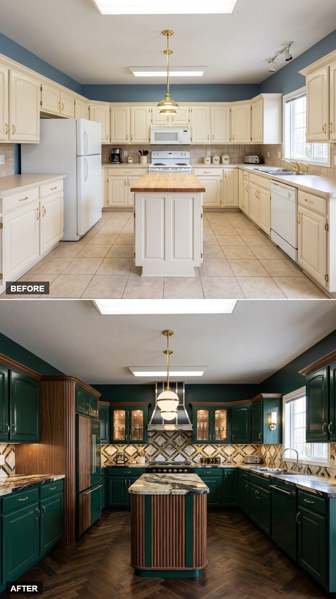 Forest Green Cabinets, Reeded Island Panels, and a Backsplash That Steals the Room
