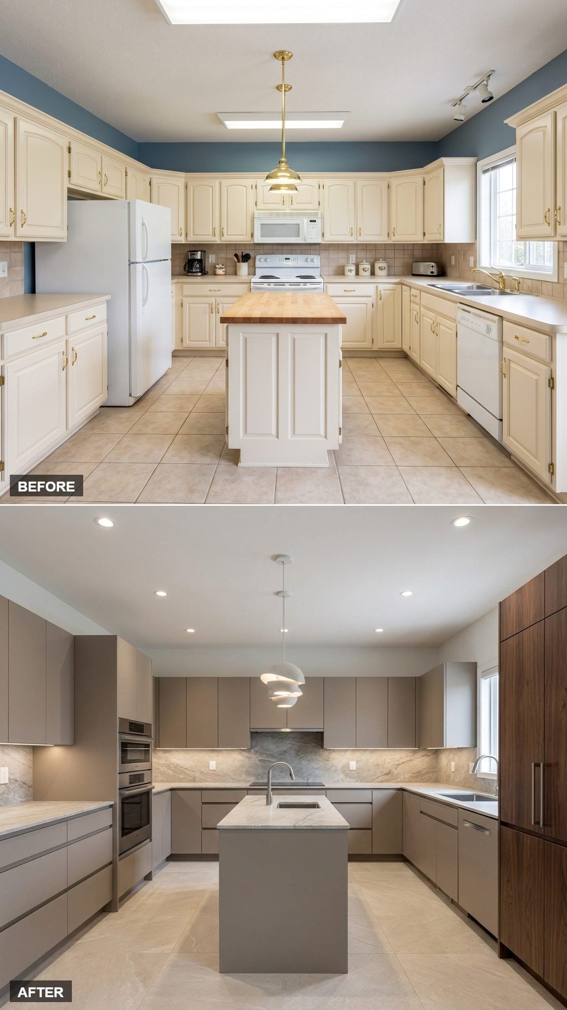Greige Flat-Fronts, Walnut Tall Cabinet, and a Pendant That Actually Earns Its Spiral