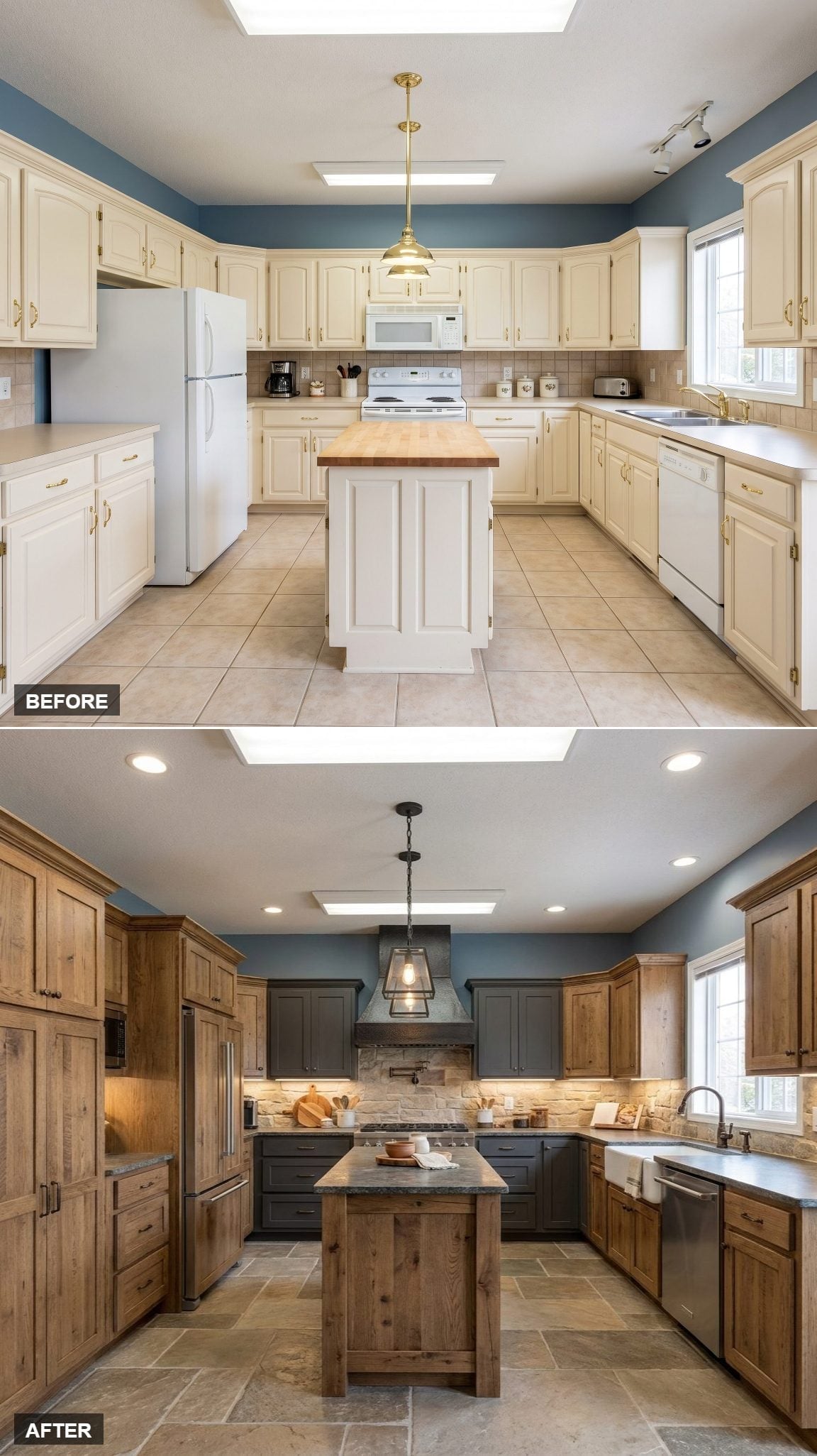 Knotty Wood Uppers, Slate-Gray Lowers, and a Stone Backsplash That Does the Heavy Lifting