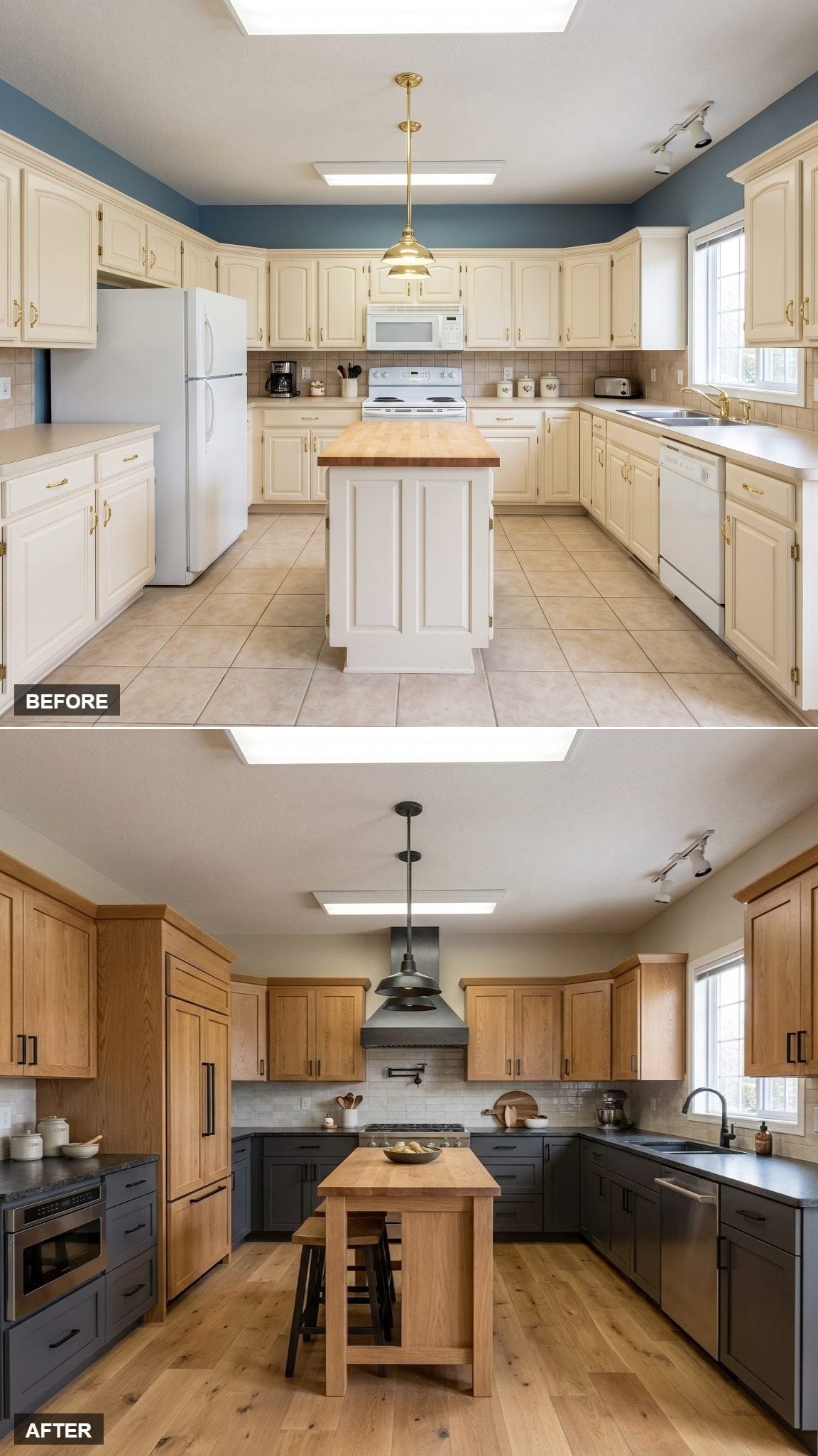 Light Oak Uppers, Charcoal Lowers, and a Range Hood That Split the Difference
