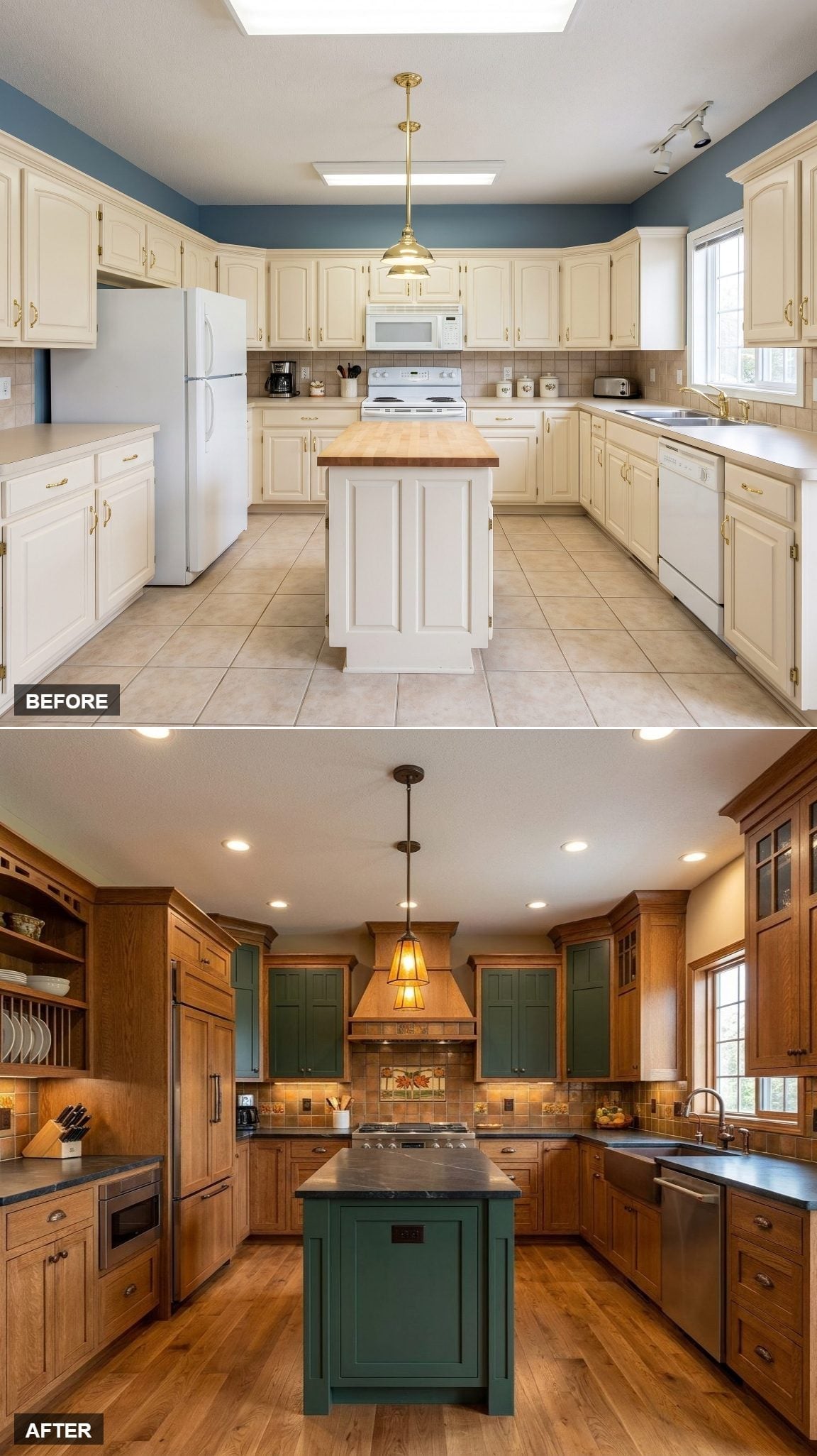 Oak Cabinets, Forest Green Island, and a Range Hood That Owns the Wall