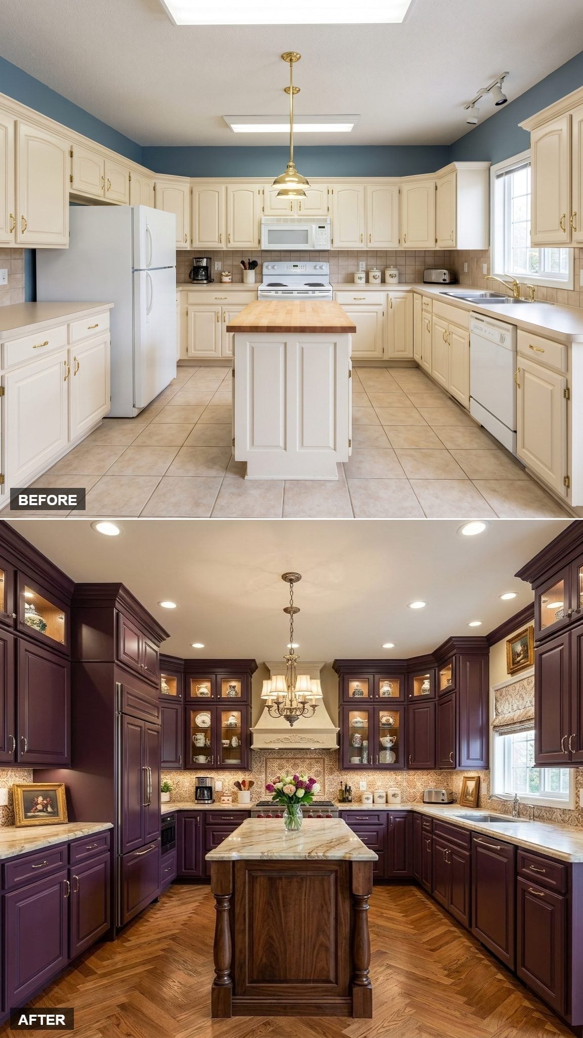 Plum Cabinets, Herringbone Floors, and a Chandelier That Meant Business