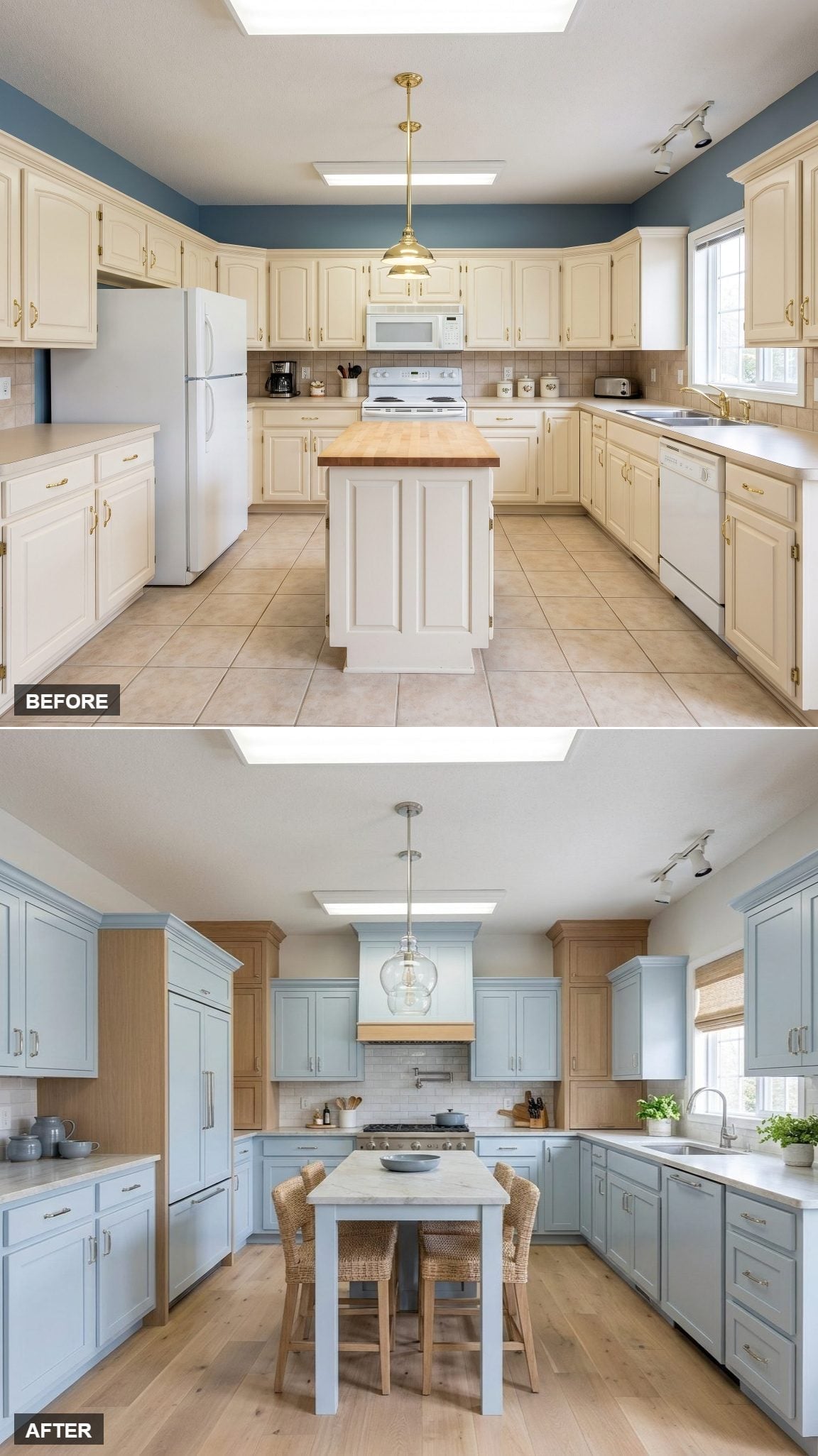 Powder Blue Cabinets, Natural Wood Accents, and a Globe Pendant Worth Noticing
