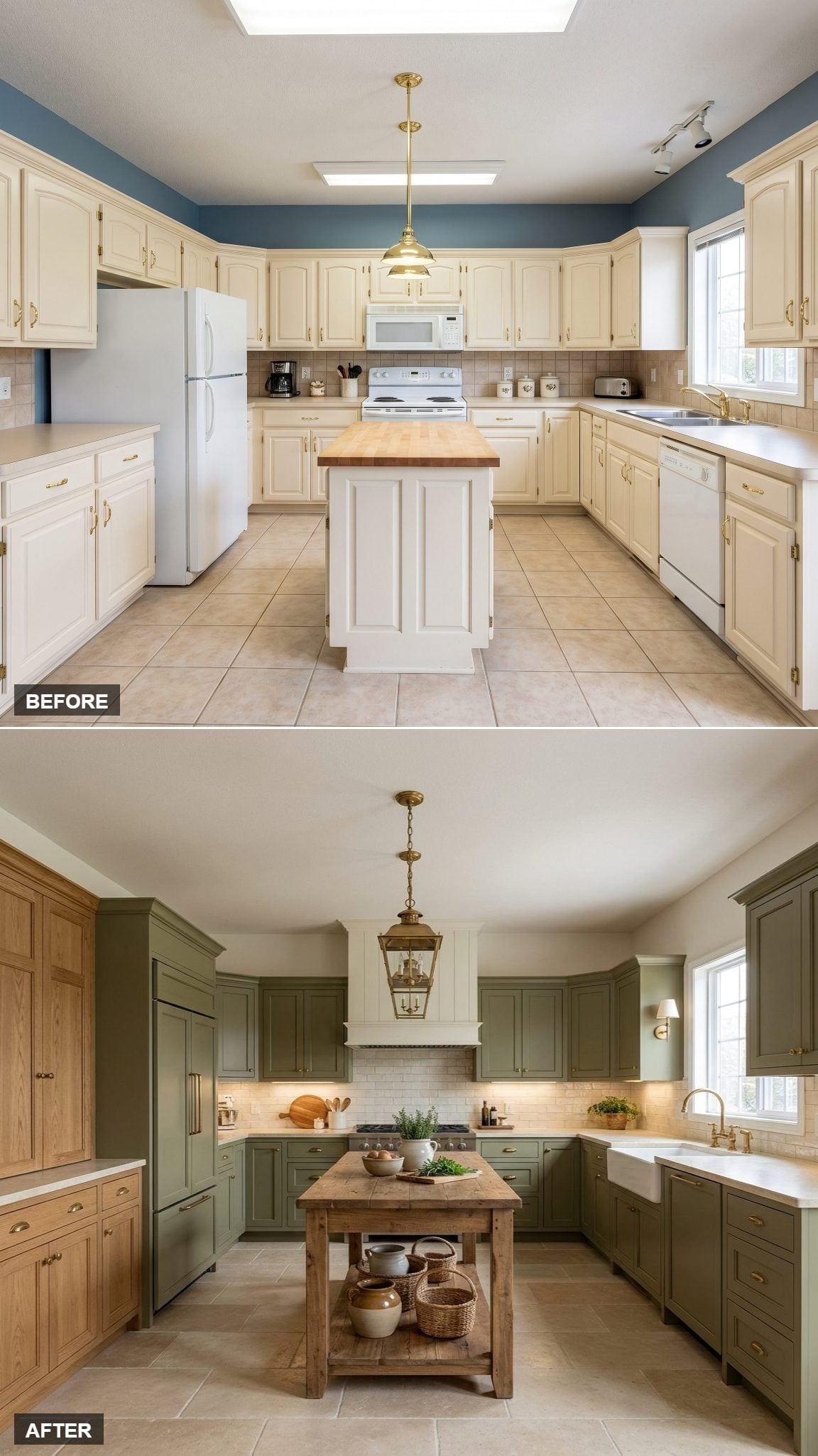 Sage Cabinets, a Reclaimed Wood Island, and a Lantern Pendant That Earns Its Spot