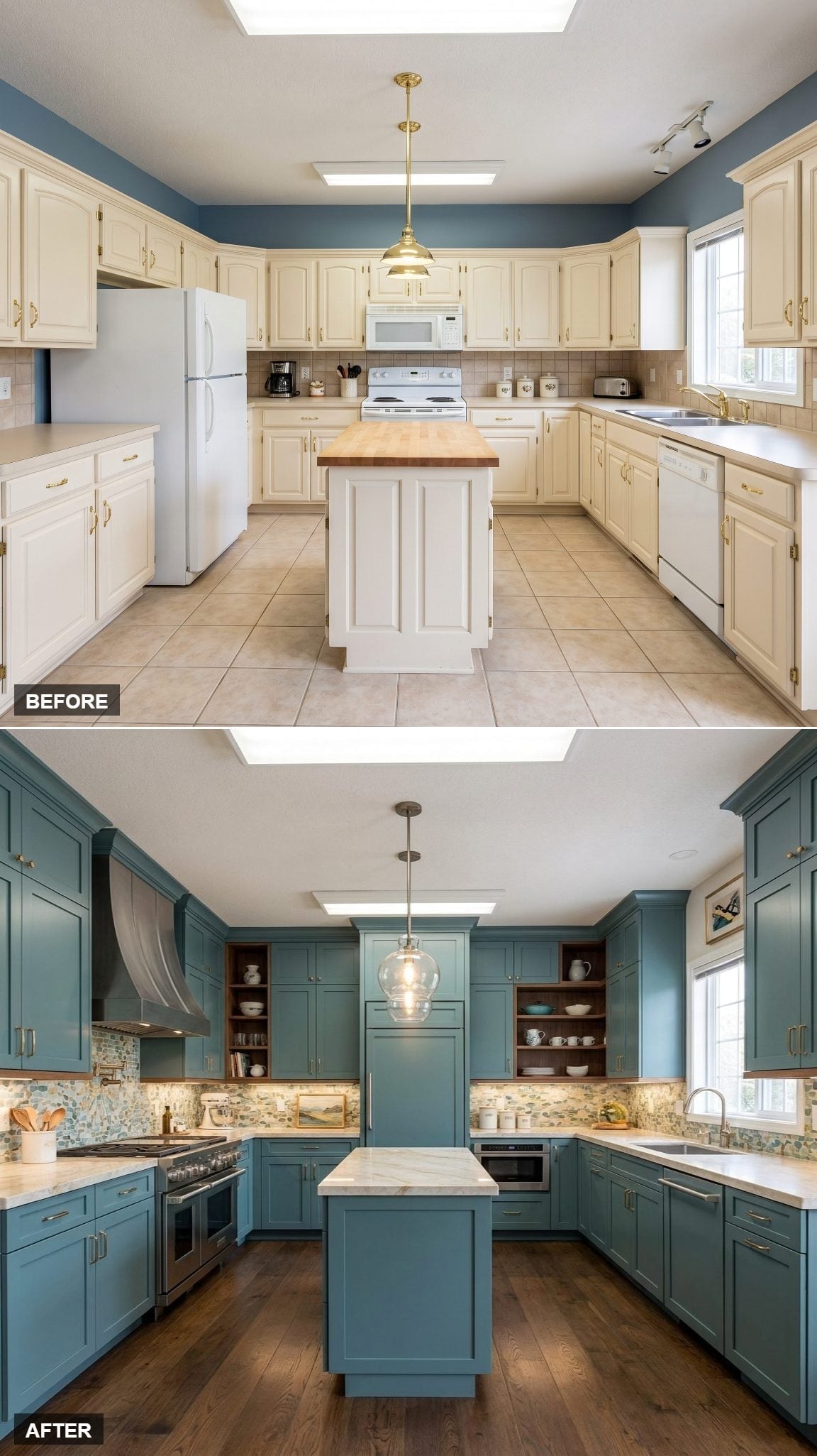 Teal Cabinets, Mosaic Backsplash, and an Island Column That Commands the Center