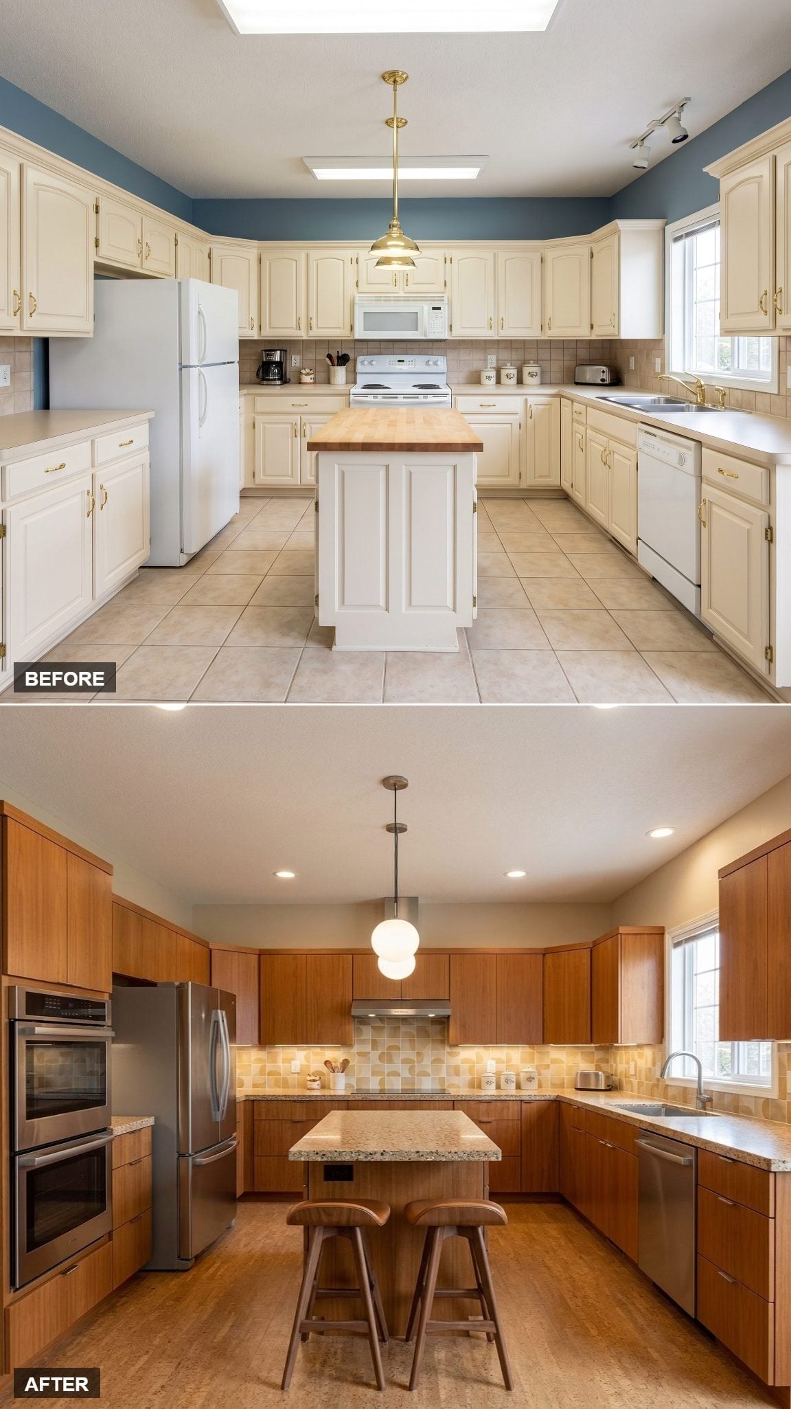 Warm Walnut Cabinets, Granite Island, and a Pendant That Doesn't Overstay Its Welcome
