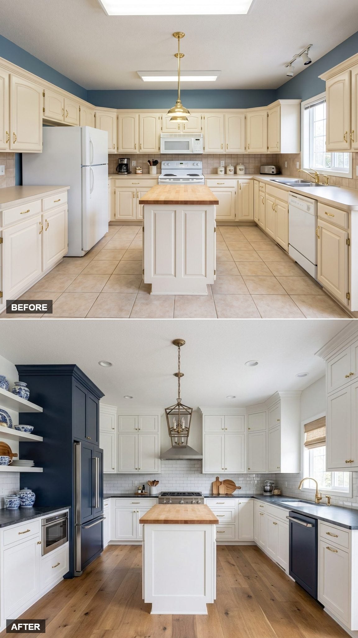 White Cabinets, Navy Accents, and a Lantern Pendant That Anchors Everything
