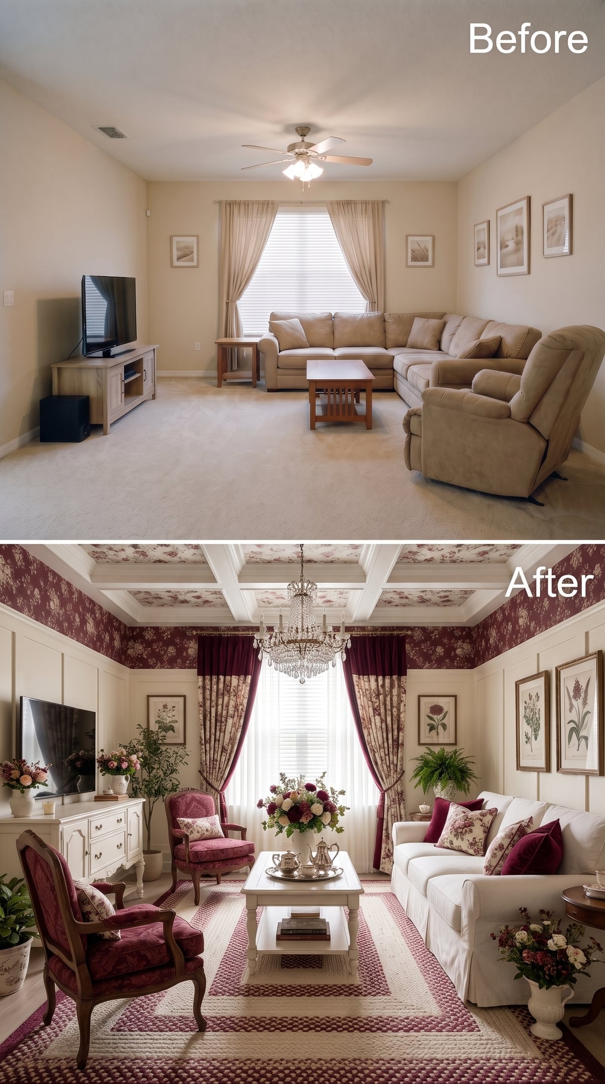 Coffered Ceiling, Burgundy Toile Wallpaper, and a Crystal Chandelier That Earned the Room