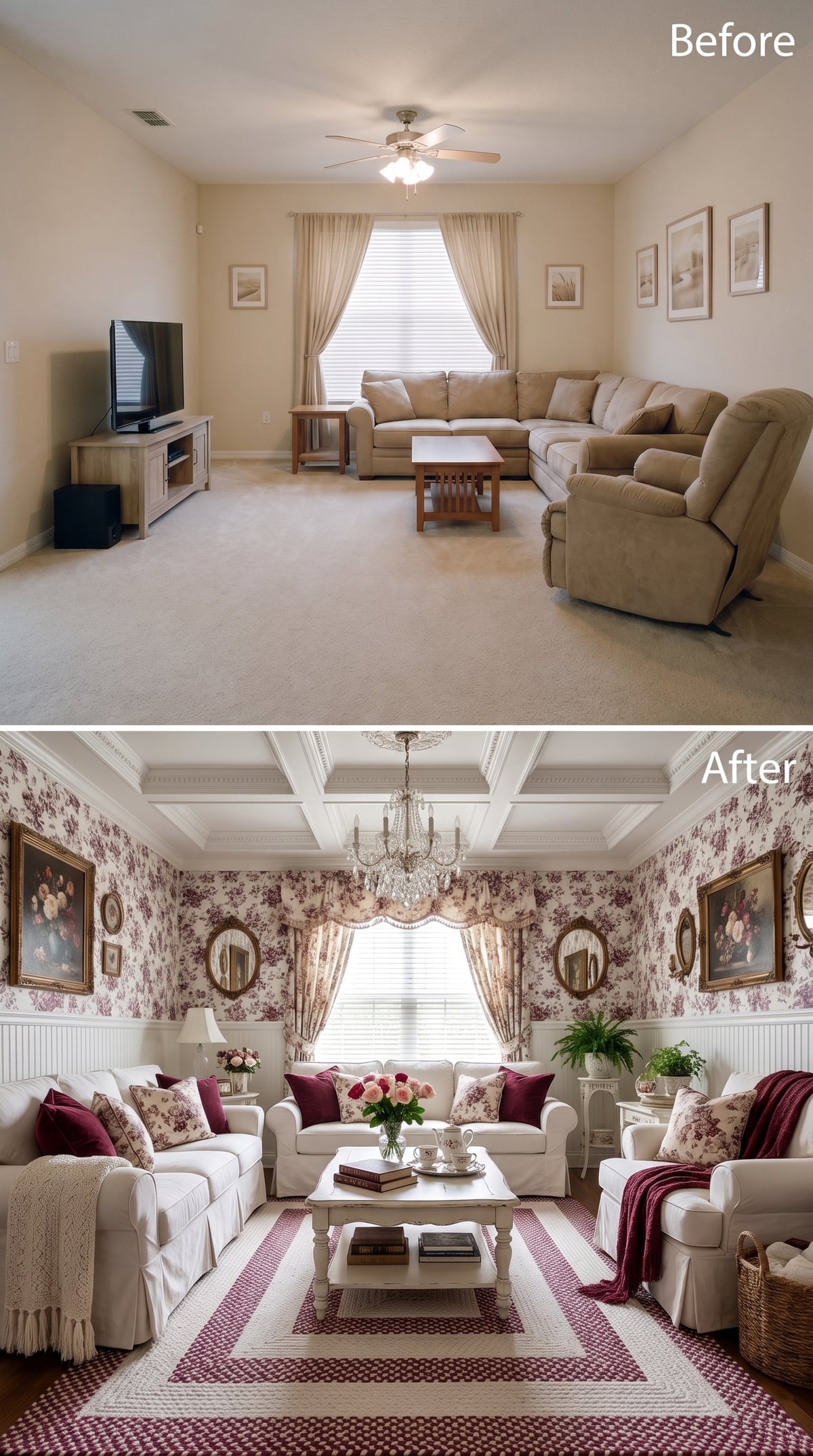 Coffered Ceiling, Crystal Chandelier, and Burgundy Toile That Refused to Play It Safe