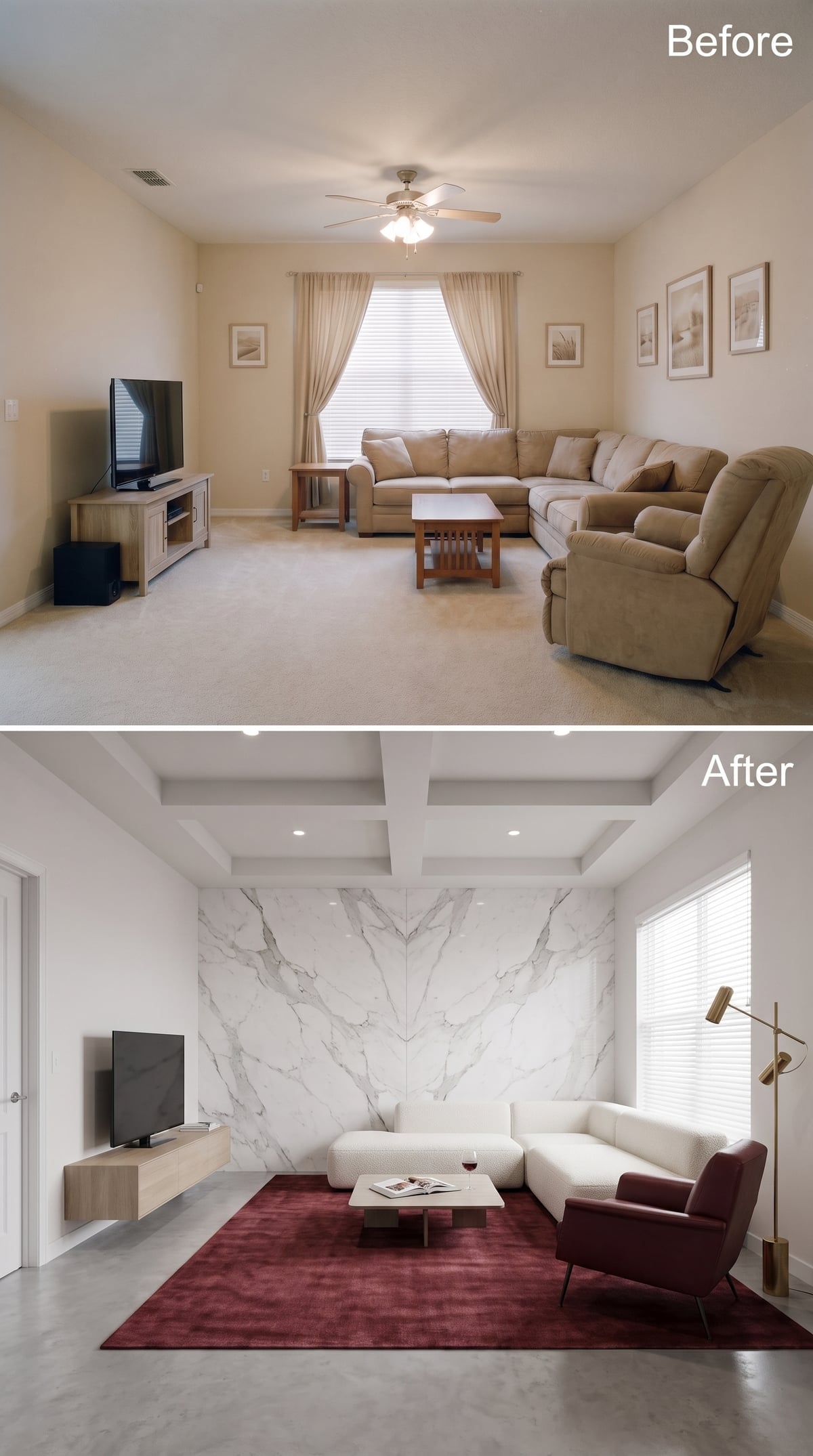 Coffered Ceiling, Marble Feature Wall, and Burgundy That Anchors Without Apology